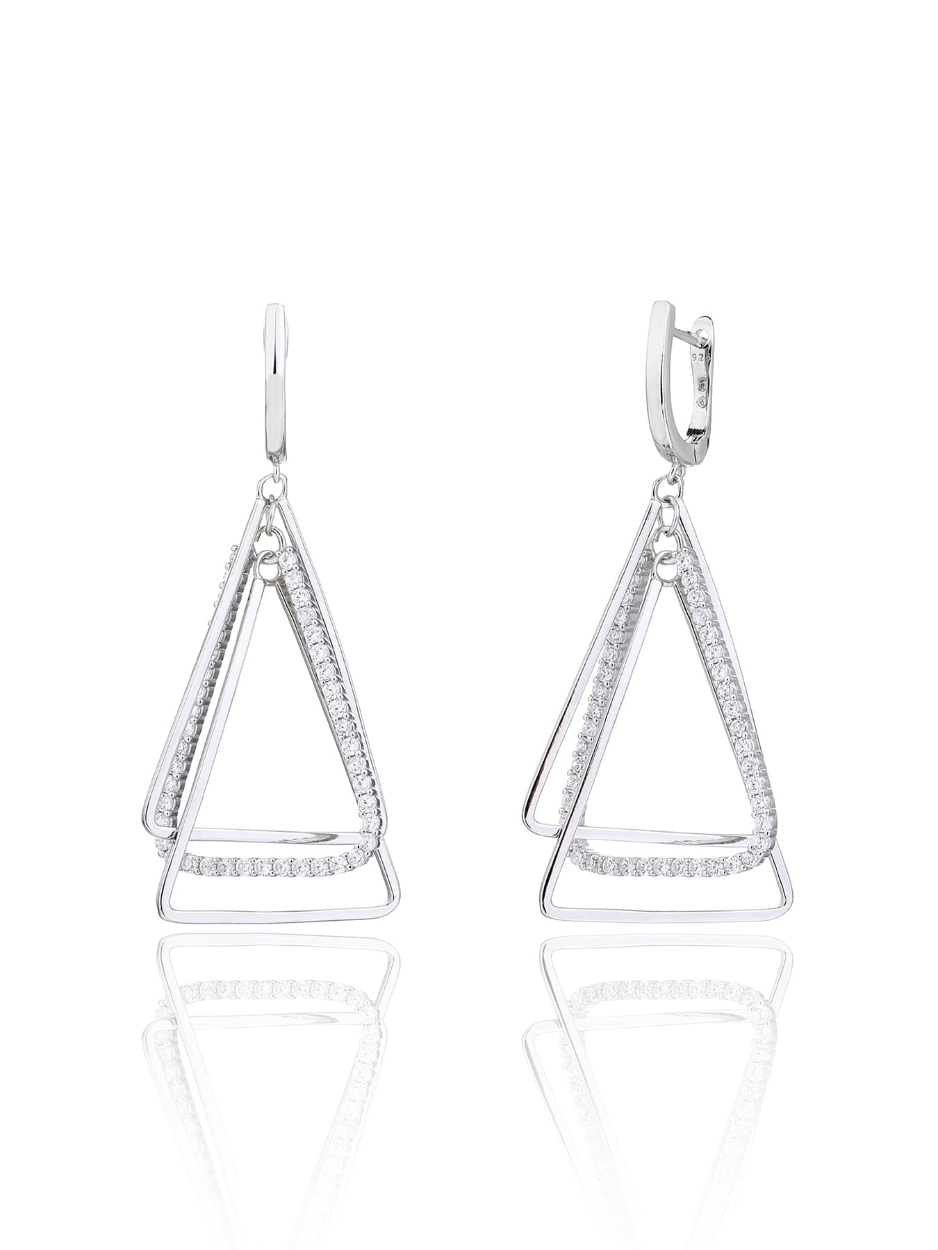 Open triangle white stone leverback earrings in hallmarked, rhodium-plated 925 sterling silver – front view – DRESCHER Jewellery®