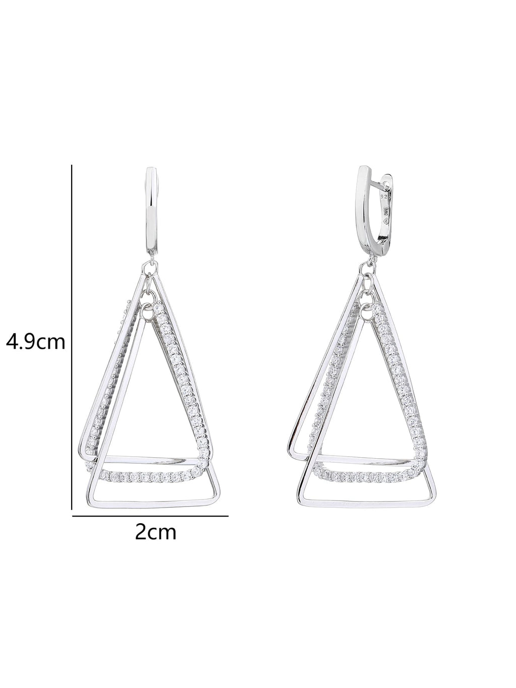 Open triangle white stone leverback earrings in hallmarked, rhodium-plated 925 sterling silver – 4.9 × 2 cm dimensions – DRESCHER Jewellery®