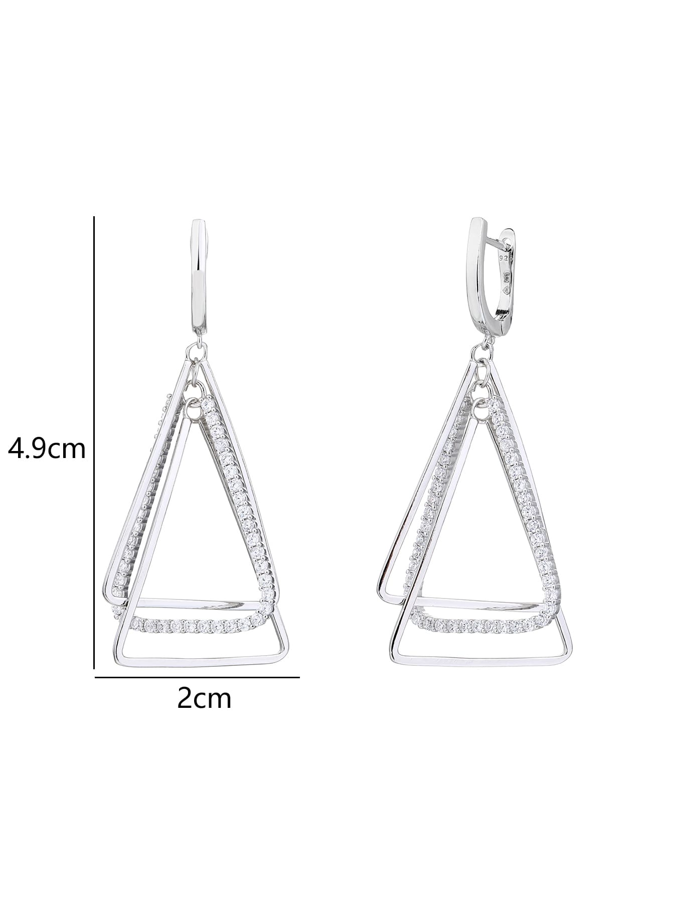 Open triangle white stone leverback earrings in hallmarked, rhodium-plated 925 sterling silver – 4.9 × 2 cm dimensions – DRESCHER Jewellery®