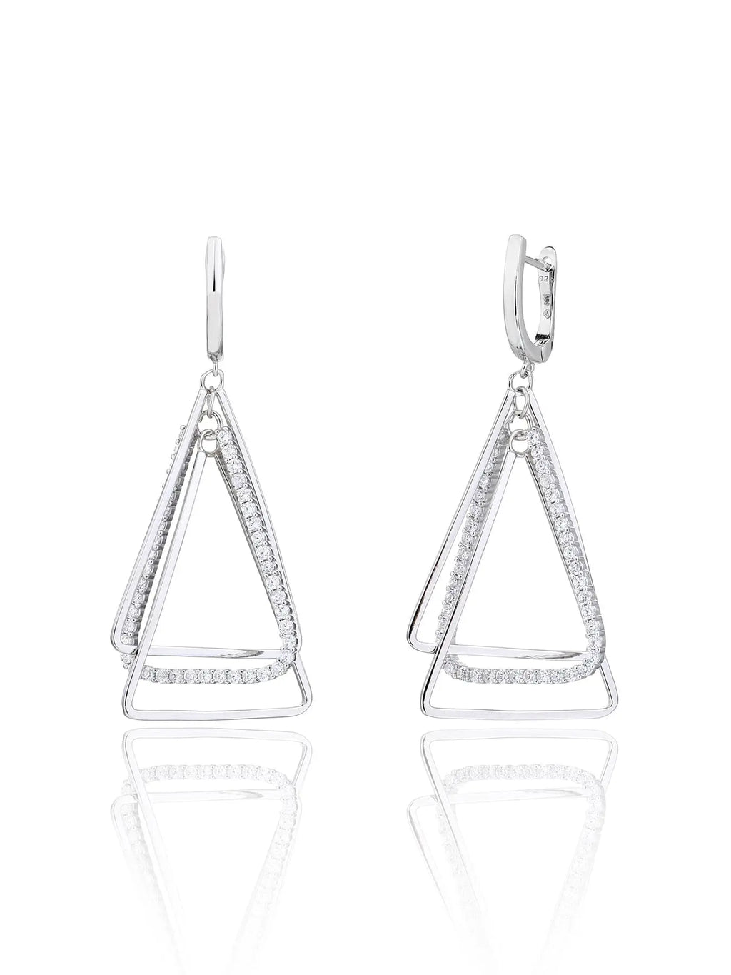 Open triangle white stone leverback earrings in hallmarked, rhodium-plated 925 sterling silver – front view – DRESCHER Jewellery®