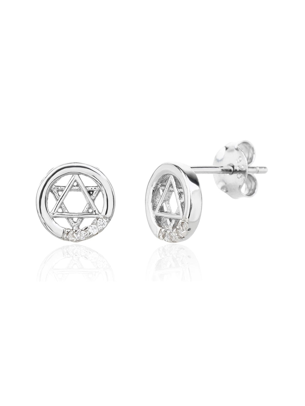Six-pointed star white cubic zirconia stud earrings in hallmarked, rhodium-plated 925 sterling silver – front and side views – DRESCHER Jewellery®
