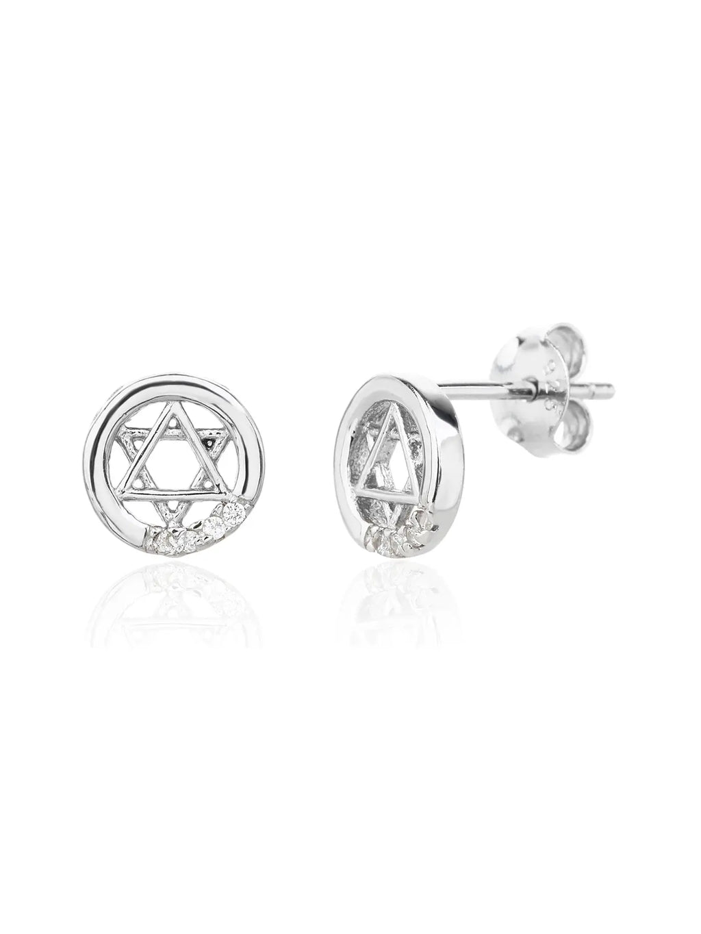 Six-pointed star white cubic zirconia stud earrings in hallmarked, rhodium-plated 925 sterling silver – front and side views – DRESCHER Jewellery®