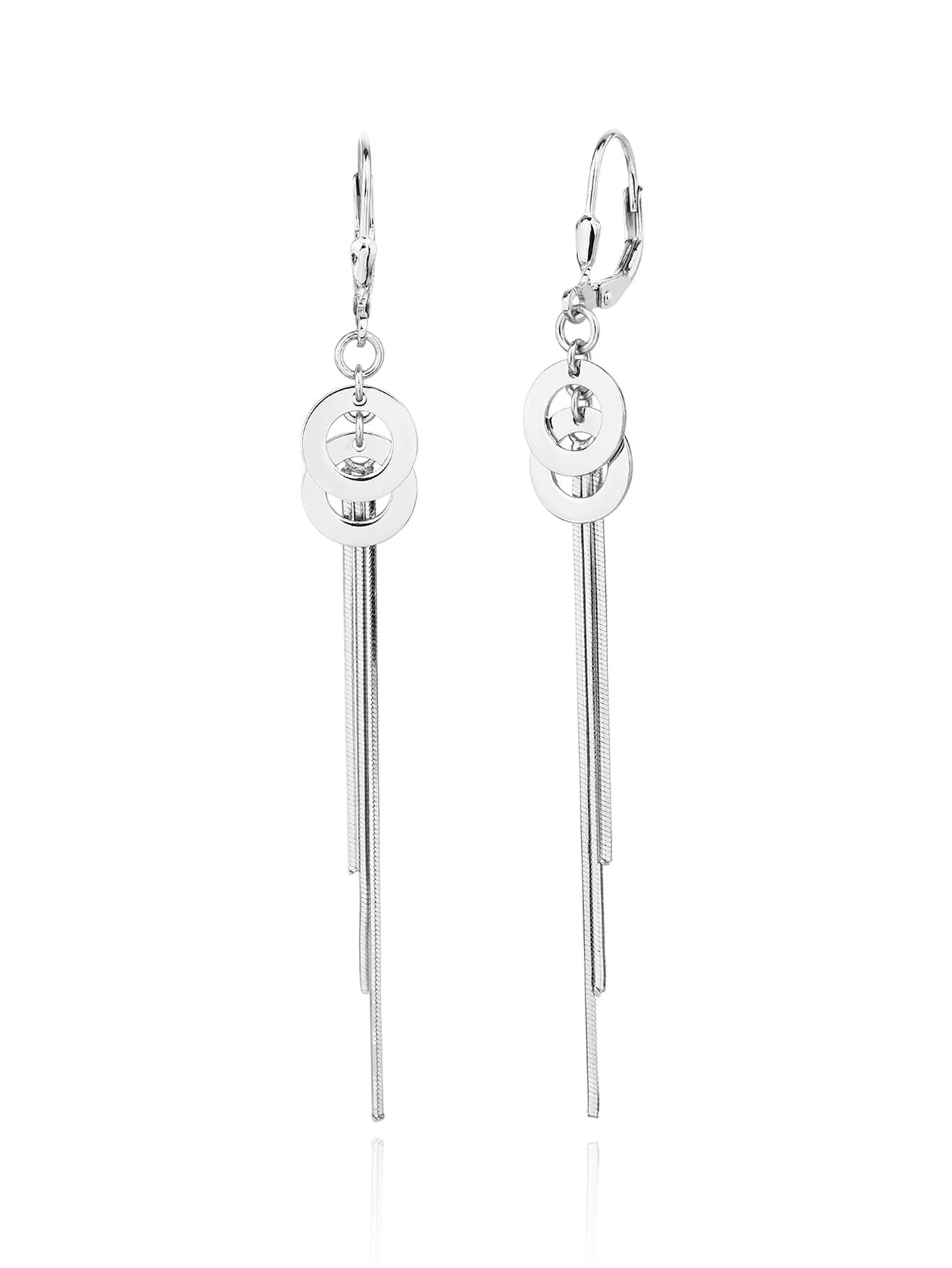 Circle motif chain drop leverback earrings in hallmarked, rhodium-plated 925 sterling silver – front view – DRESCHER Jewellery®