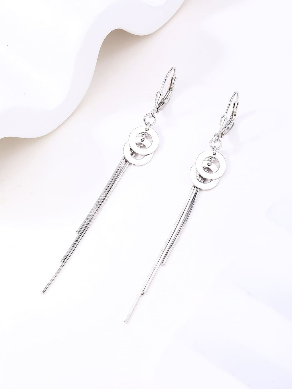 Circle motif chain drop leverback earrings in hallmarked, rhodium-plated 925 sterling silver – display view – DRESCHER Jewellery®