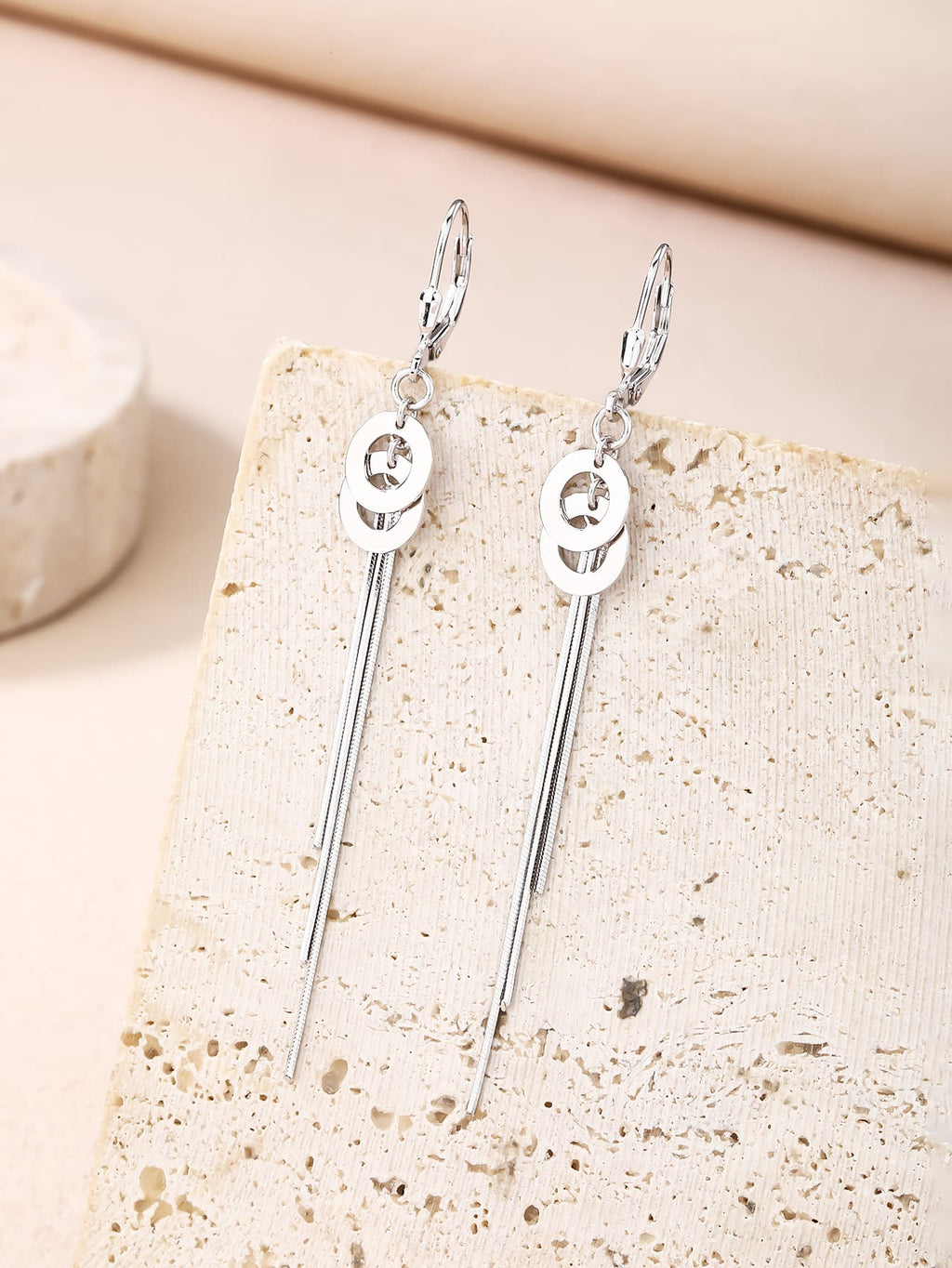 Circle motif chain drop leverback earrings in hallmarked, rhodium-plated 925 sterling silver – display view – DRESCHER Jewellery®