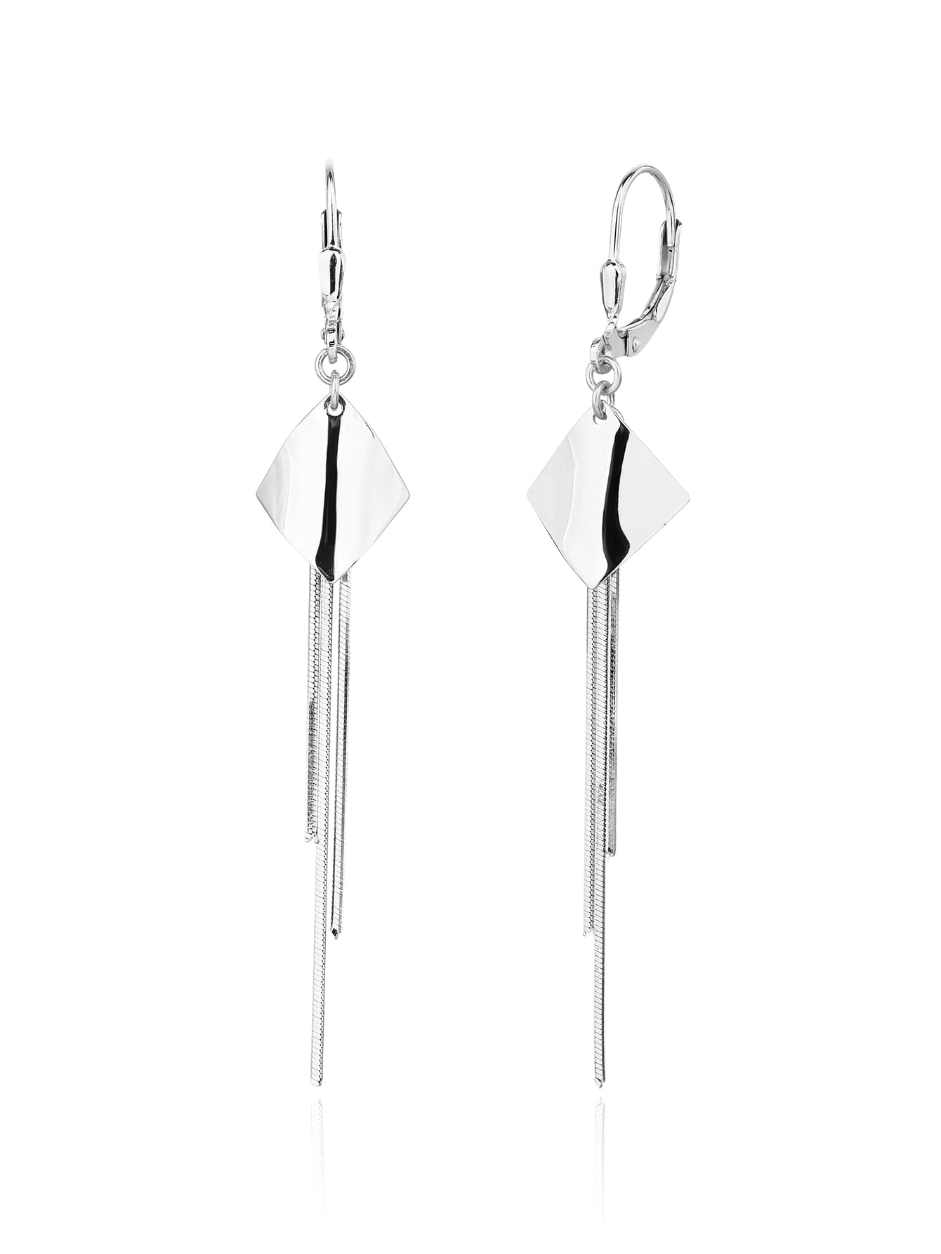 Geometric diamond-motif chain drop leverback earrings in hallmarked, rhodium-plated 925 sterling silver – front view – DRESCHER Jewellery®