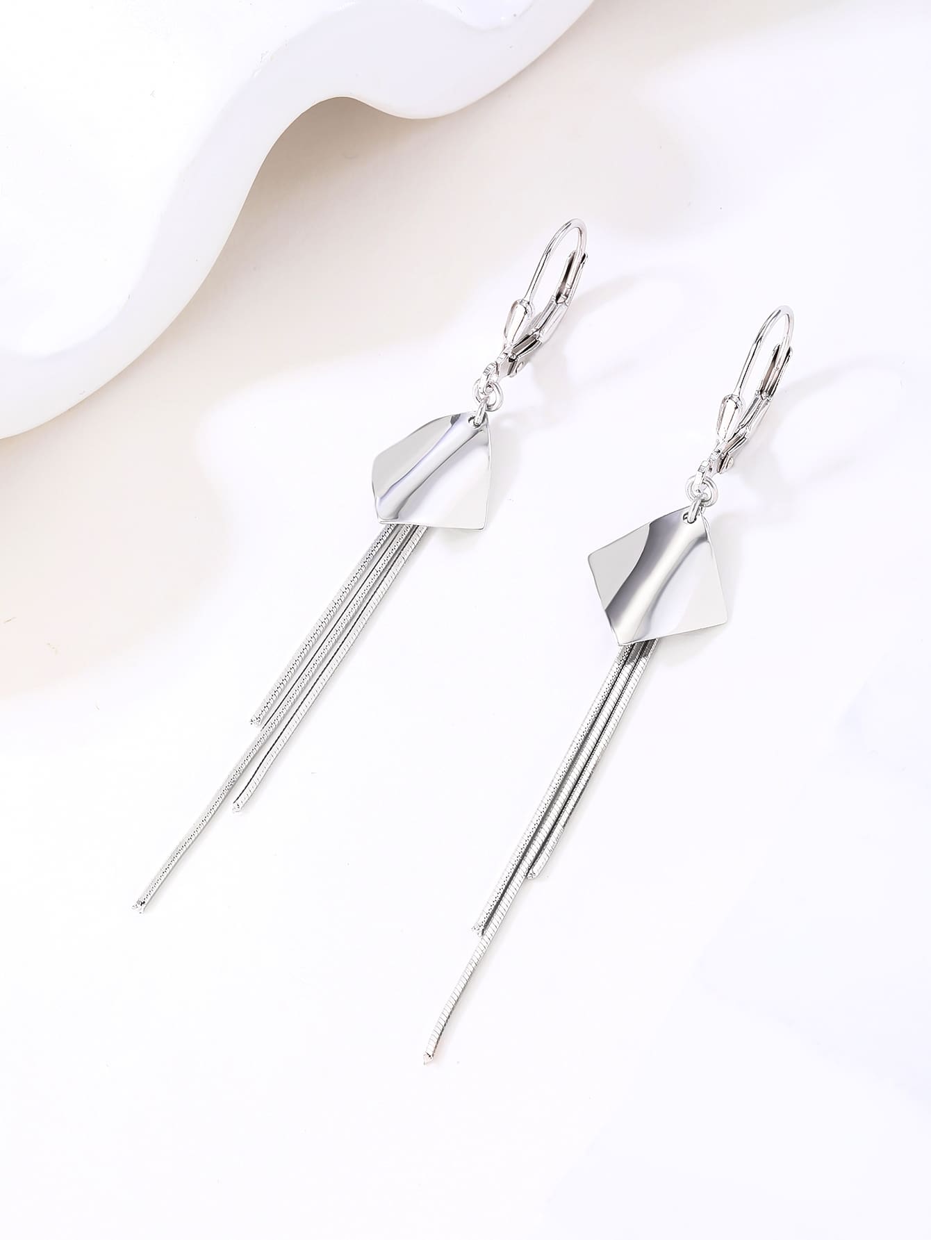 Geometric diamond-motif chain drop leverback earrings in hallmarked, rhodium-plated 925 sterling silver – display view – DRESCHER Jewellery®