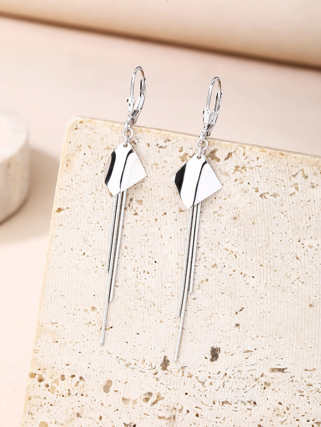 Geometric diamond-motif chain drop leverback earrings in hallmarked, rhodium-plated 925 sterling silver – display view – DRESCHER Jewellery®