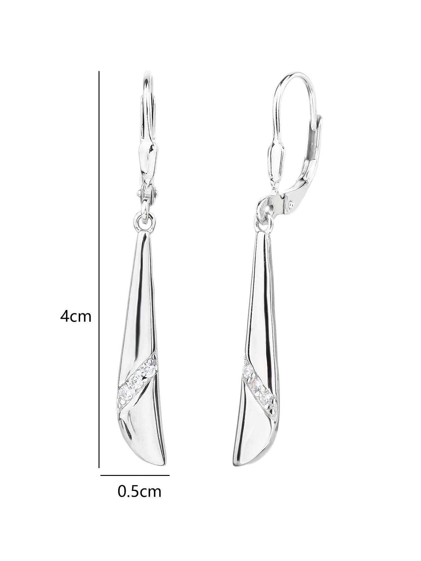 Elongated curved white cubic zirconia leverback earrings in hallmarked, rhodium-plated 925 sterling silver – 4 × 0.5 cm dimensions – DRESCHER Jewellery®