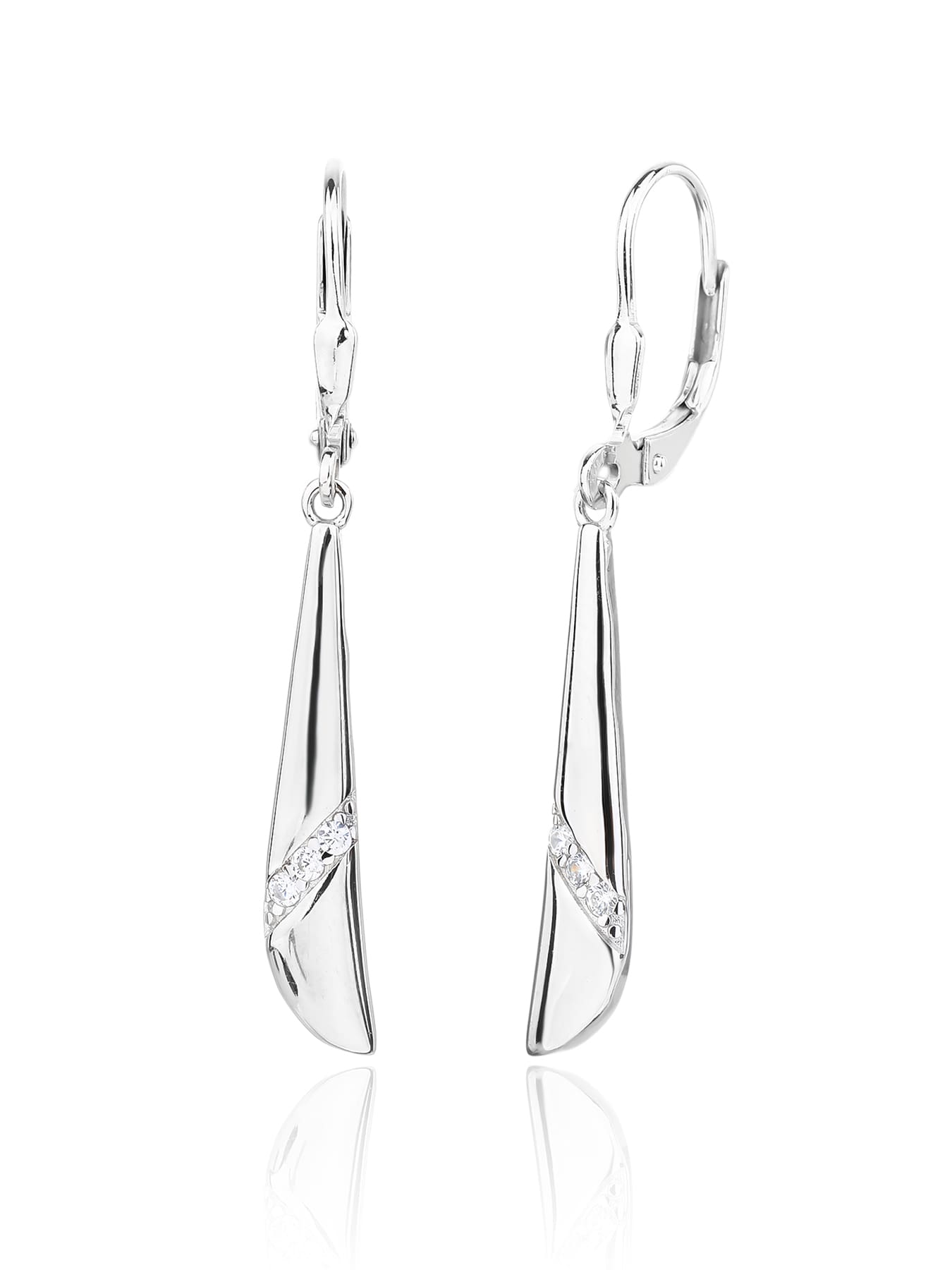 Elongated curved white cubic zirconia leverback earrings in hallmarked, rhodium-plated 925 sterling silver – front and side views – DRESCHER Jewellery®