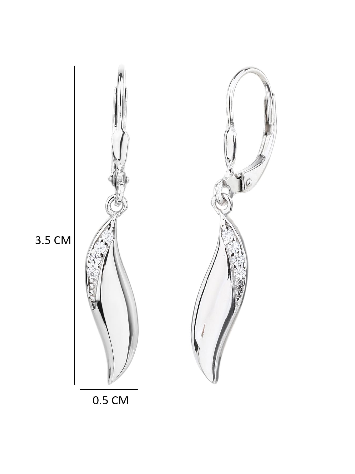 wave shaped cubic zirconia stone earrings with patent closure in hallmarked, rhodium-plated 925 sterling silver – display view – DRESCHER Jewellery®