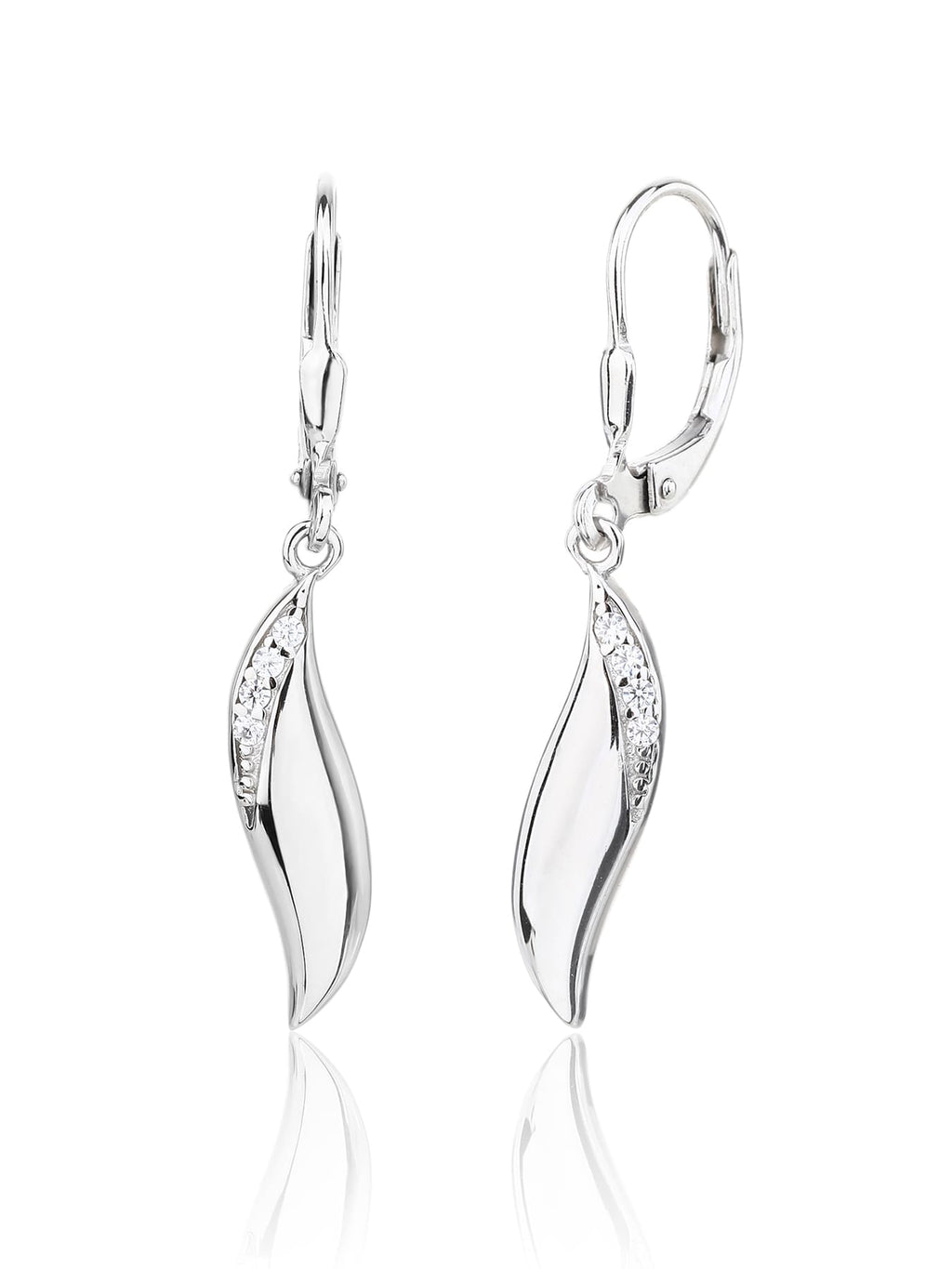 wave shaped cubic zirconia stone earrings with patent closure in hallmarked, rhodium-plated 925 sterling silver – alternate front and side views – DRESCHER Jewellery®
