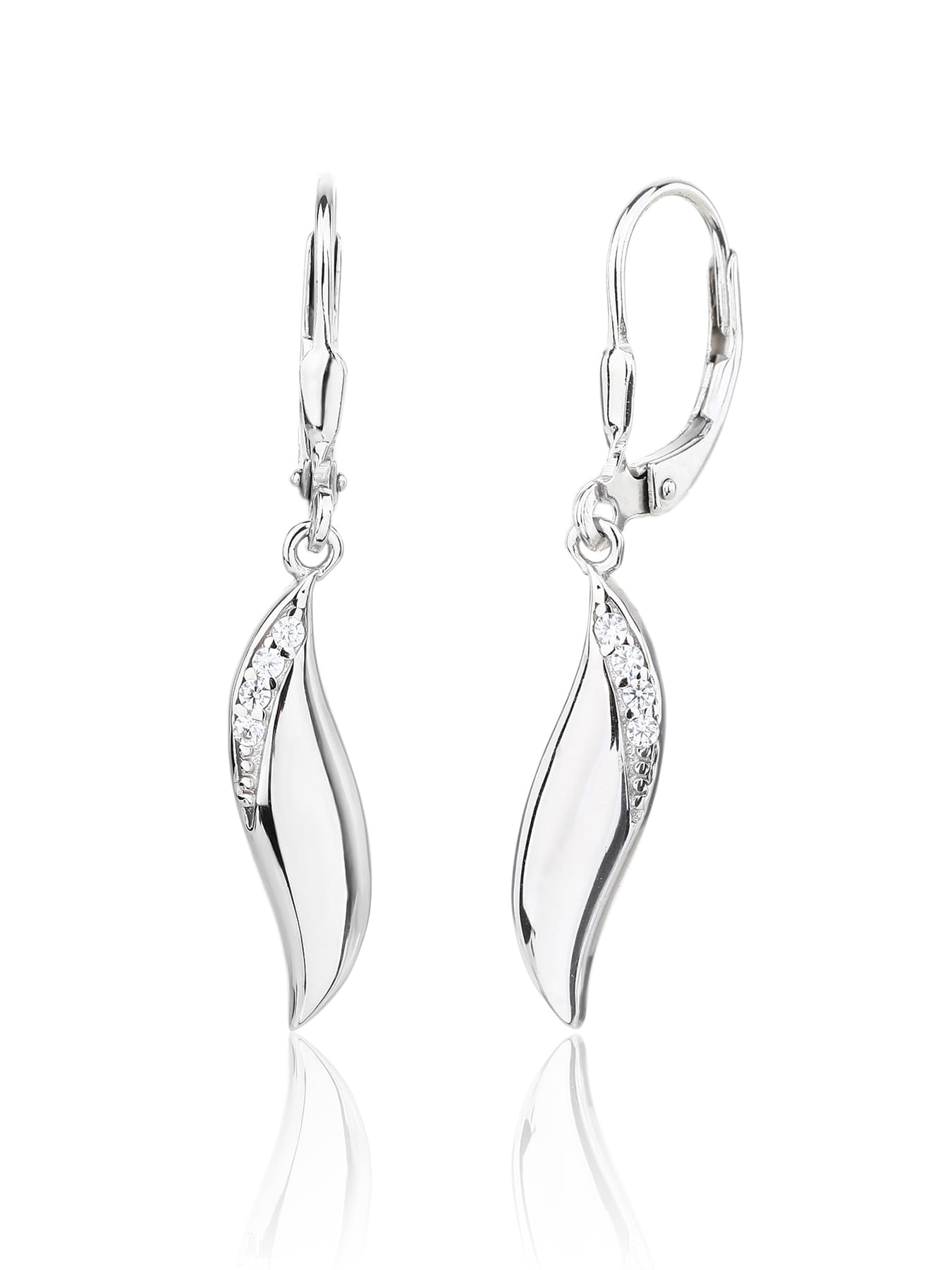 wave shaped cubic zirconia stone earrings with patent closure in hallmarked, rhodium-plated 925 sterling silver – alternate front and side views – DRESCHER Jewellery®