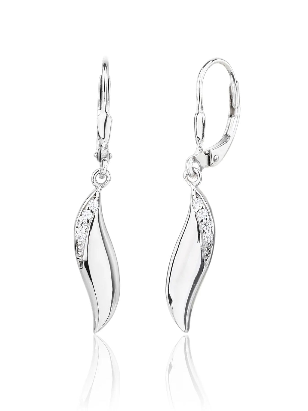 wave shaped cubic zirconia stone earrings with patent closure in hallmarked, rhodium-plated 925 sterling silver – front and side views – DRESCHER Jewellery®