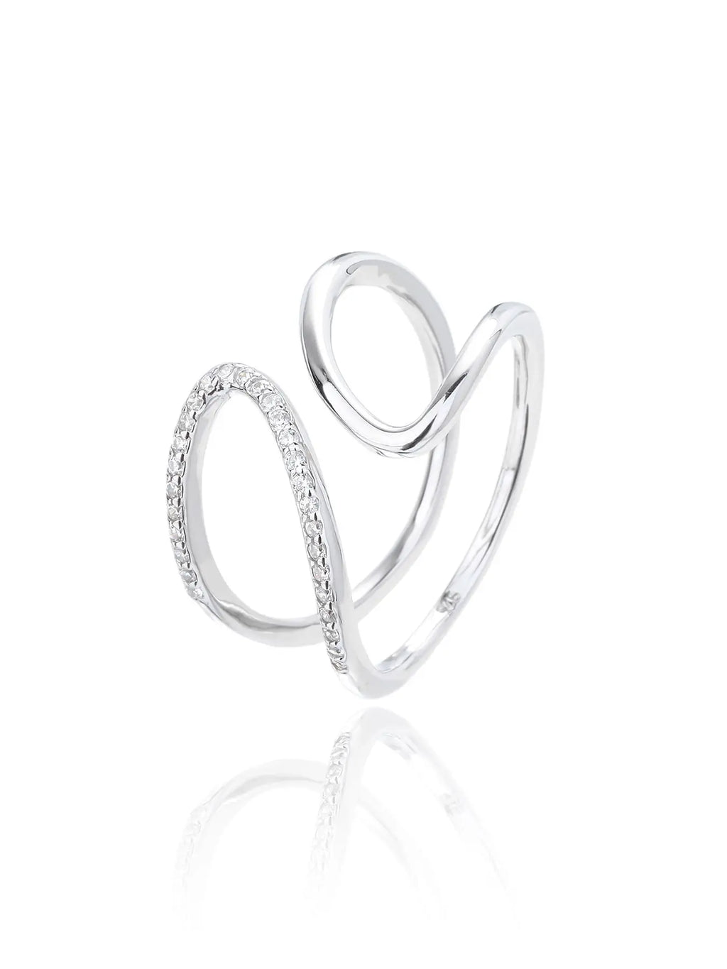 Silver wavy line ring with white cubic zirconia stones