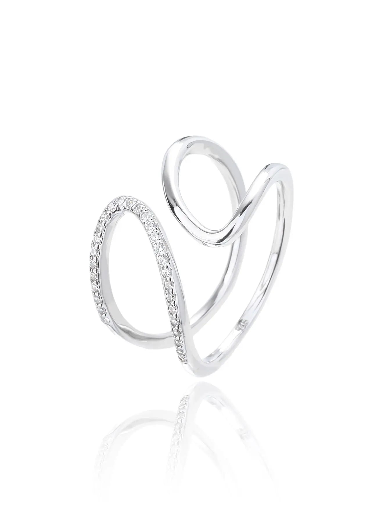 Silver wavy line ring with white cubic zirconia stones