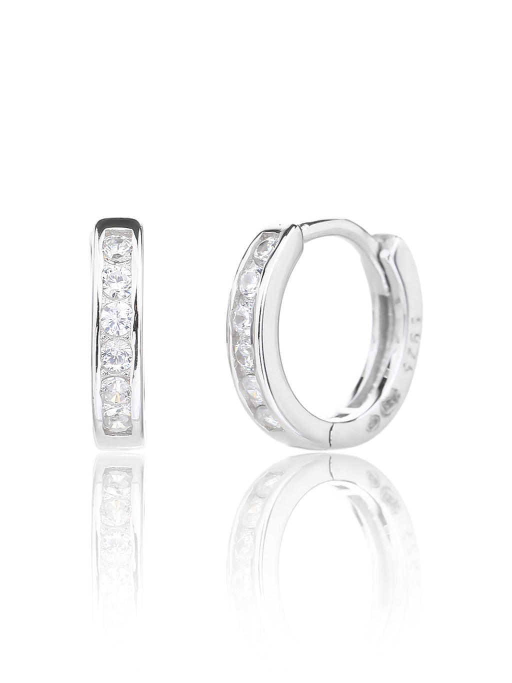 hoop earrings with white cubic zirconia stones in hallmarked, rhodium-plated 925 sterling silver – alternate front and side views – DRESCHER Jewellery®