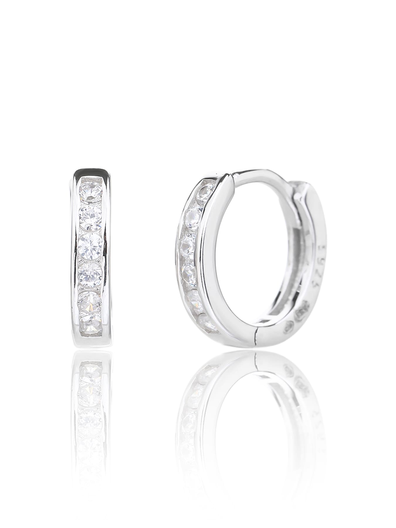 hoop earrings with white cubic zirconia stones in hallmarked, rhodium-plated 925 sterling silver – alternate front and side views – DRESCHER Jewellery®