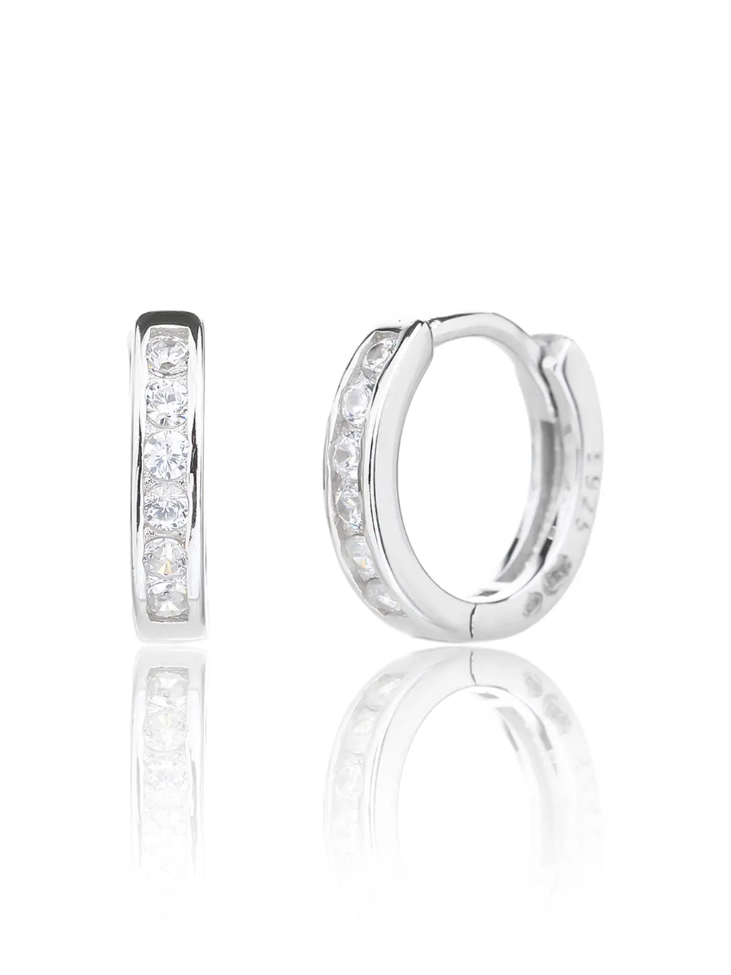 hoop earrings with white cubic zirconia stones in hallmarked, rhodium-plated 925 sterling silver – front and side views – DRESCHER Jewellery®