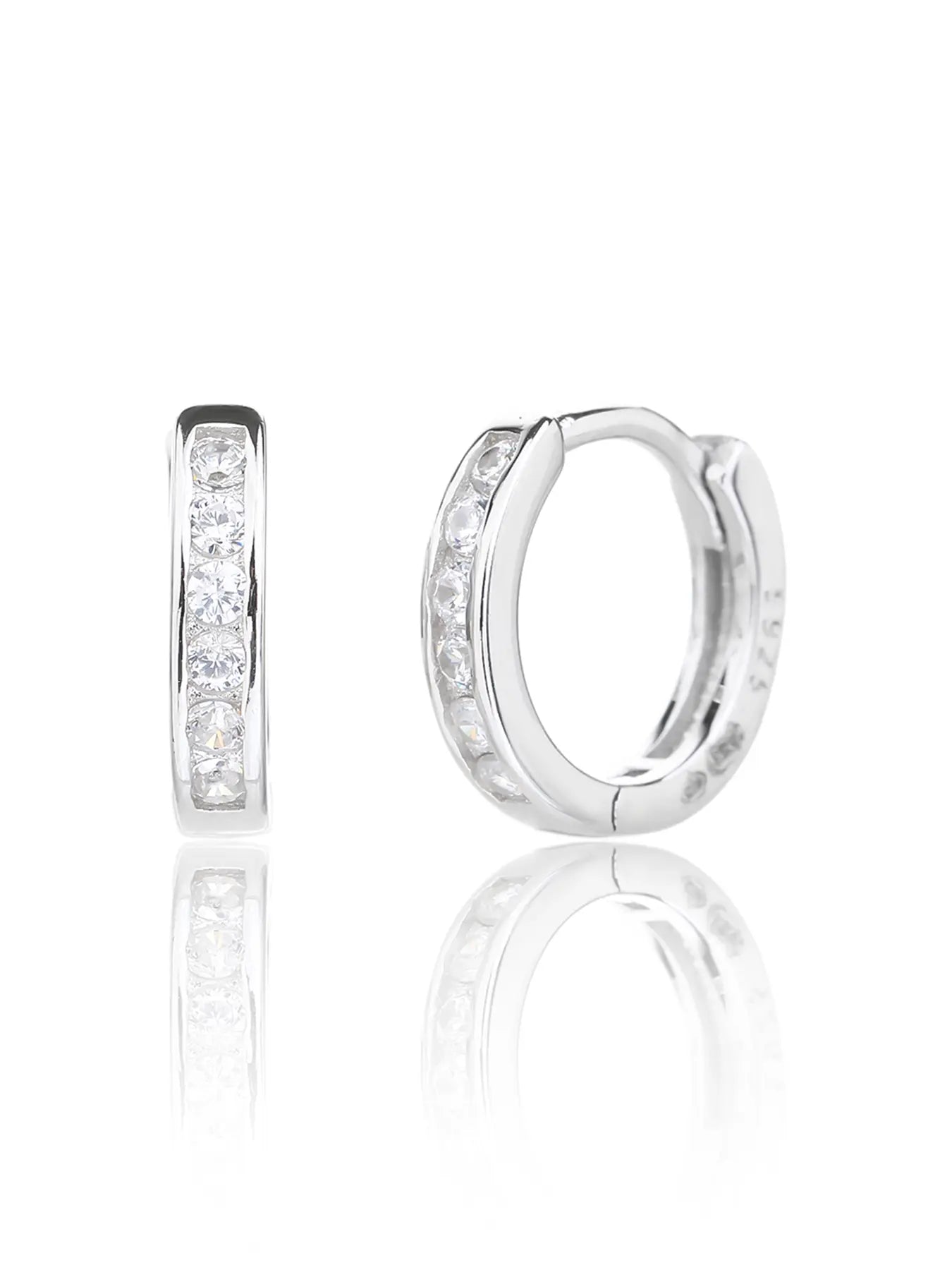Silver hoop earrings with white cubic zirconia stones
