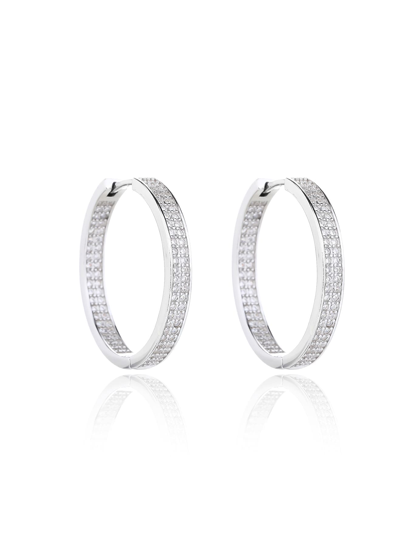 Double-row white cubic zirconia hoop earrings in hallmarked, rhodium-plated 925 sterling silver – front view – DRESCHER Jewellery®