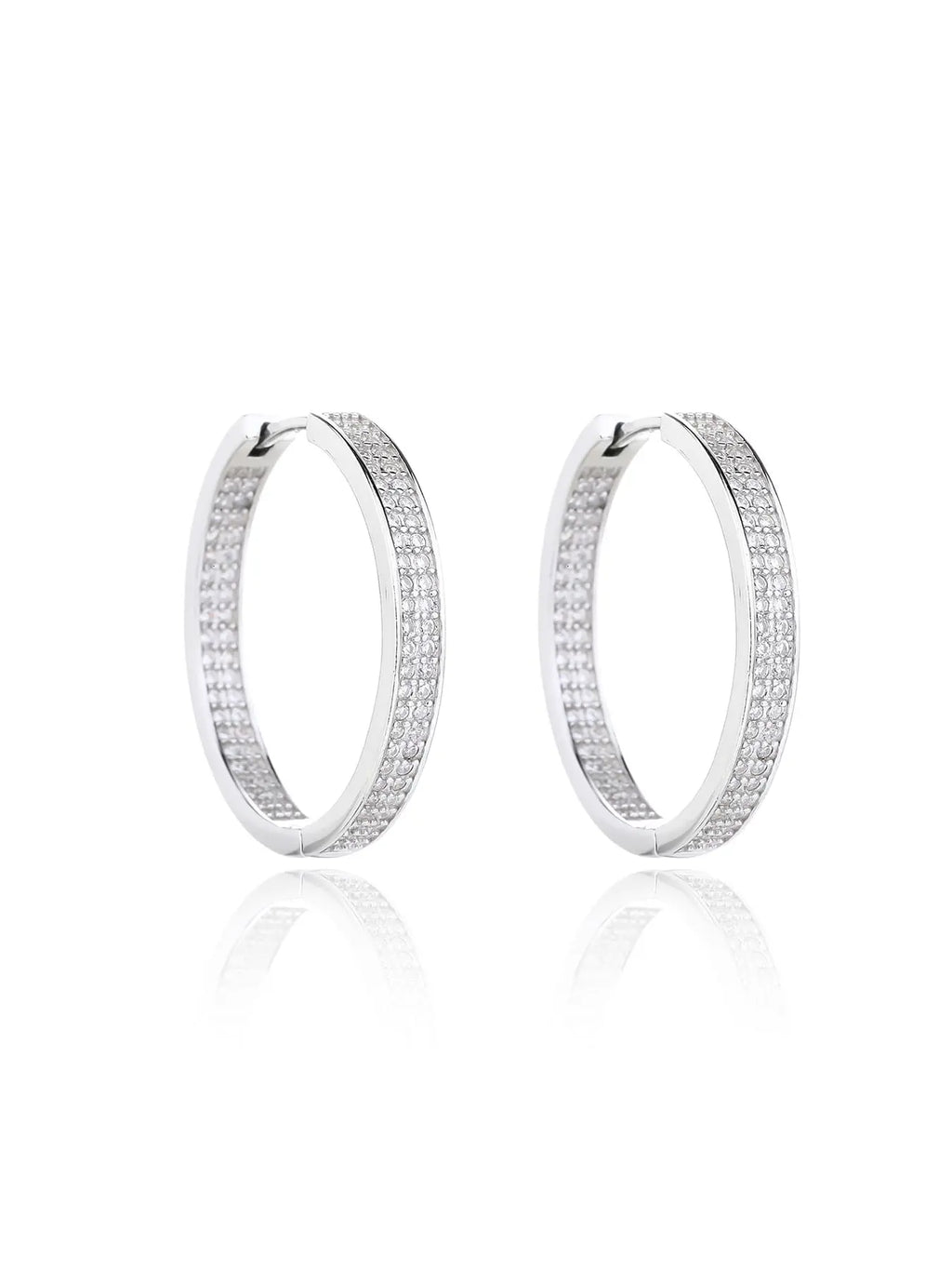 Double-row white cubic zirconia hoop earrings in hallmarked, rhodium-plated 925 sterling silver – front view – DRESCHER Jewellery®