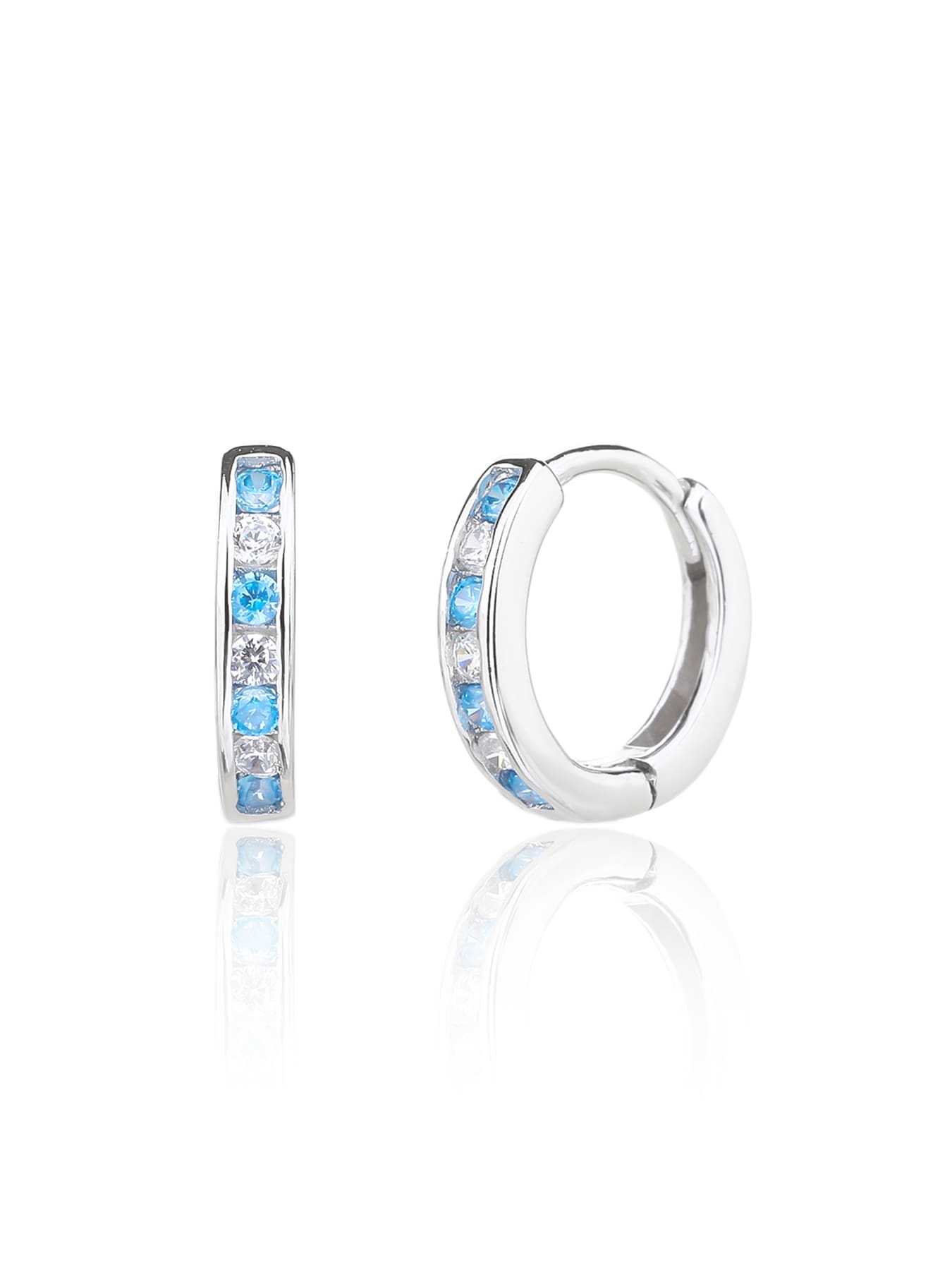 Blue and white cubic zirconia hoop earrings in hallmarked, rhodium-plated 925 sterling silver – front and side views – DRESCHER Jewellery®