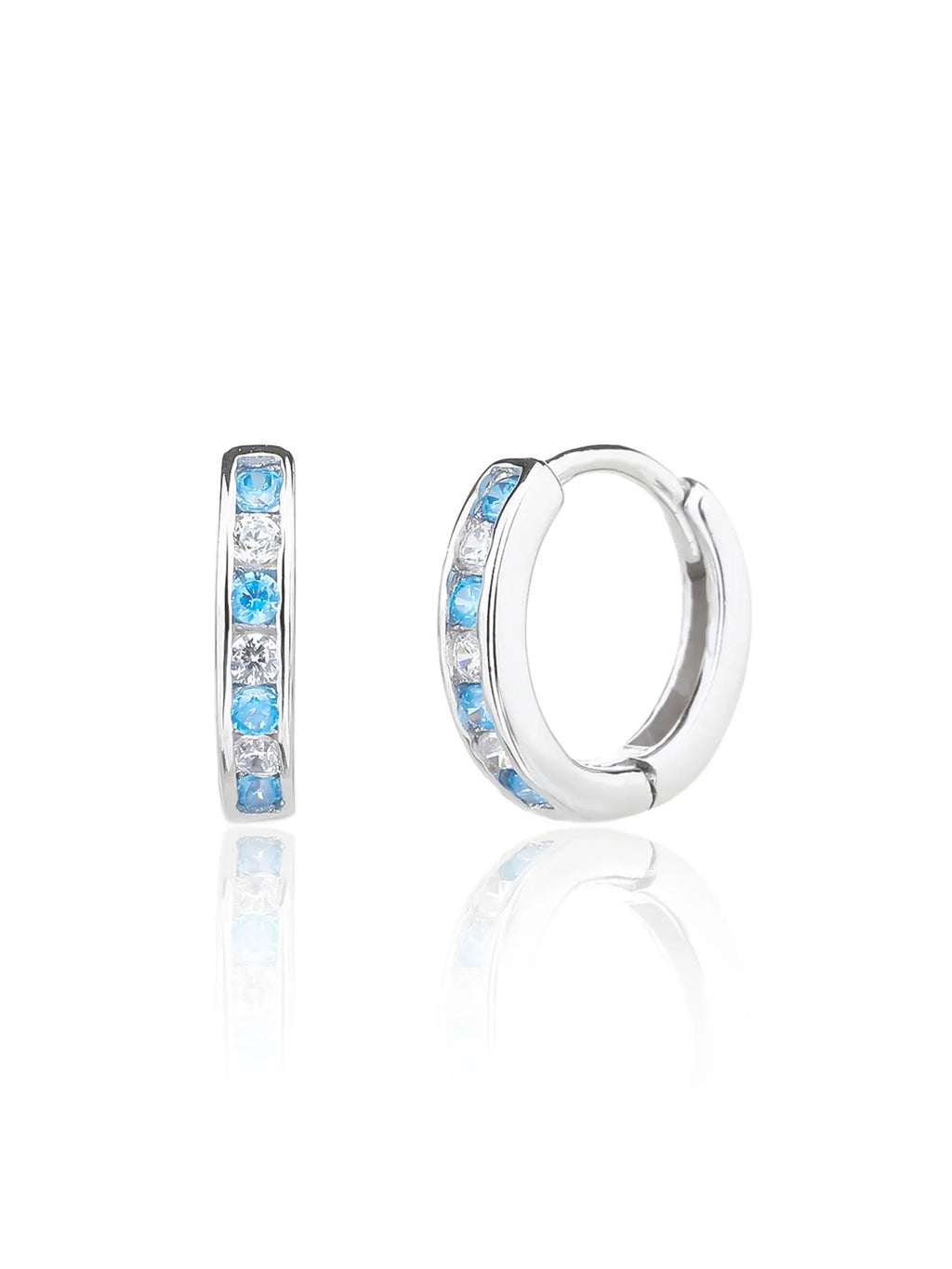 Blue and white cubic zirconia hoop earrings in hallmarked, rhodium-plated 925 sterling silver – front and side views – DRESCHER Jewellery®
