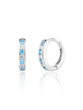 Silver hoop earrings with blue and white stones