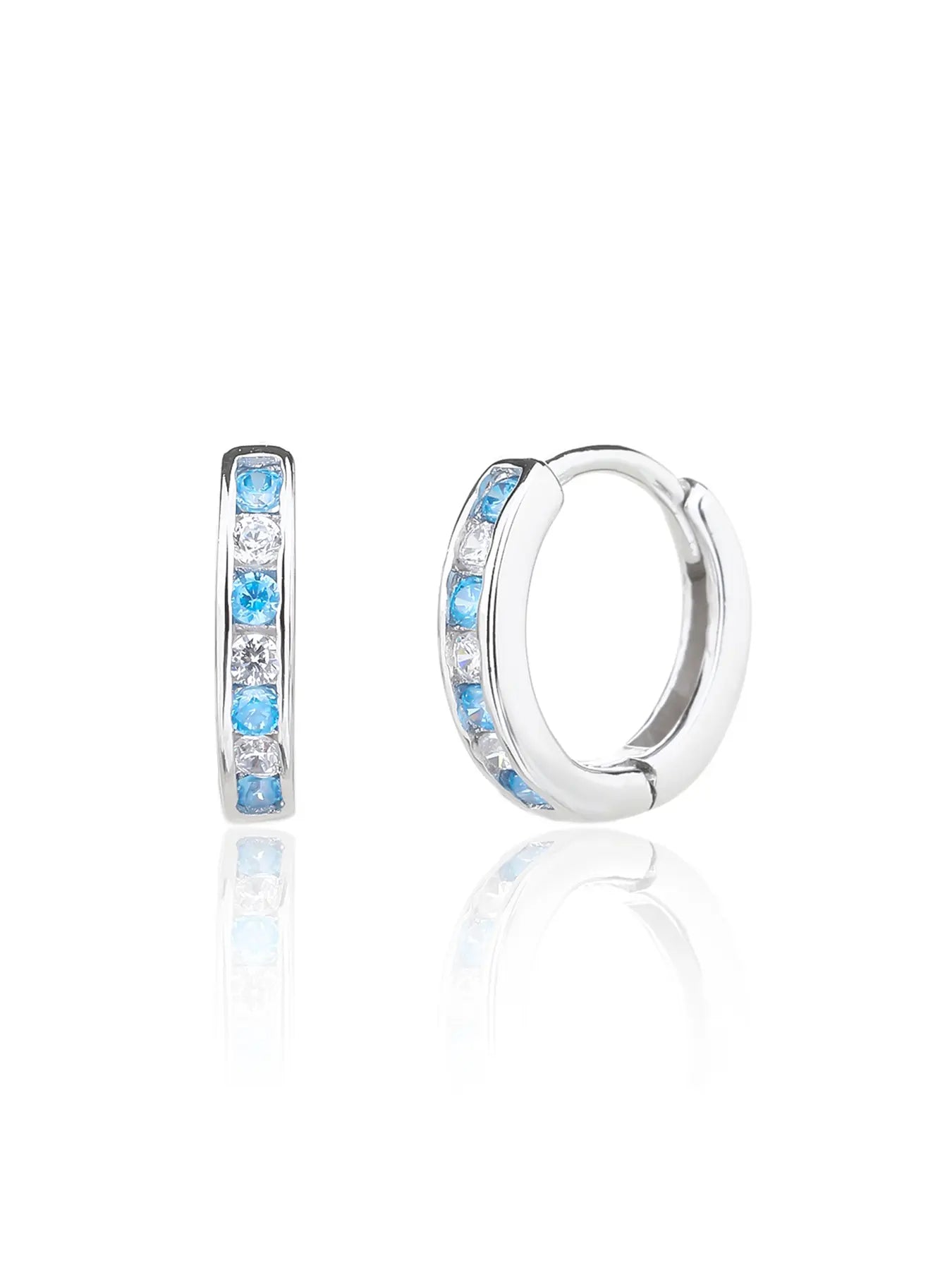 Silver hoop earrings with blue and white stones
