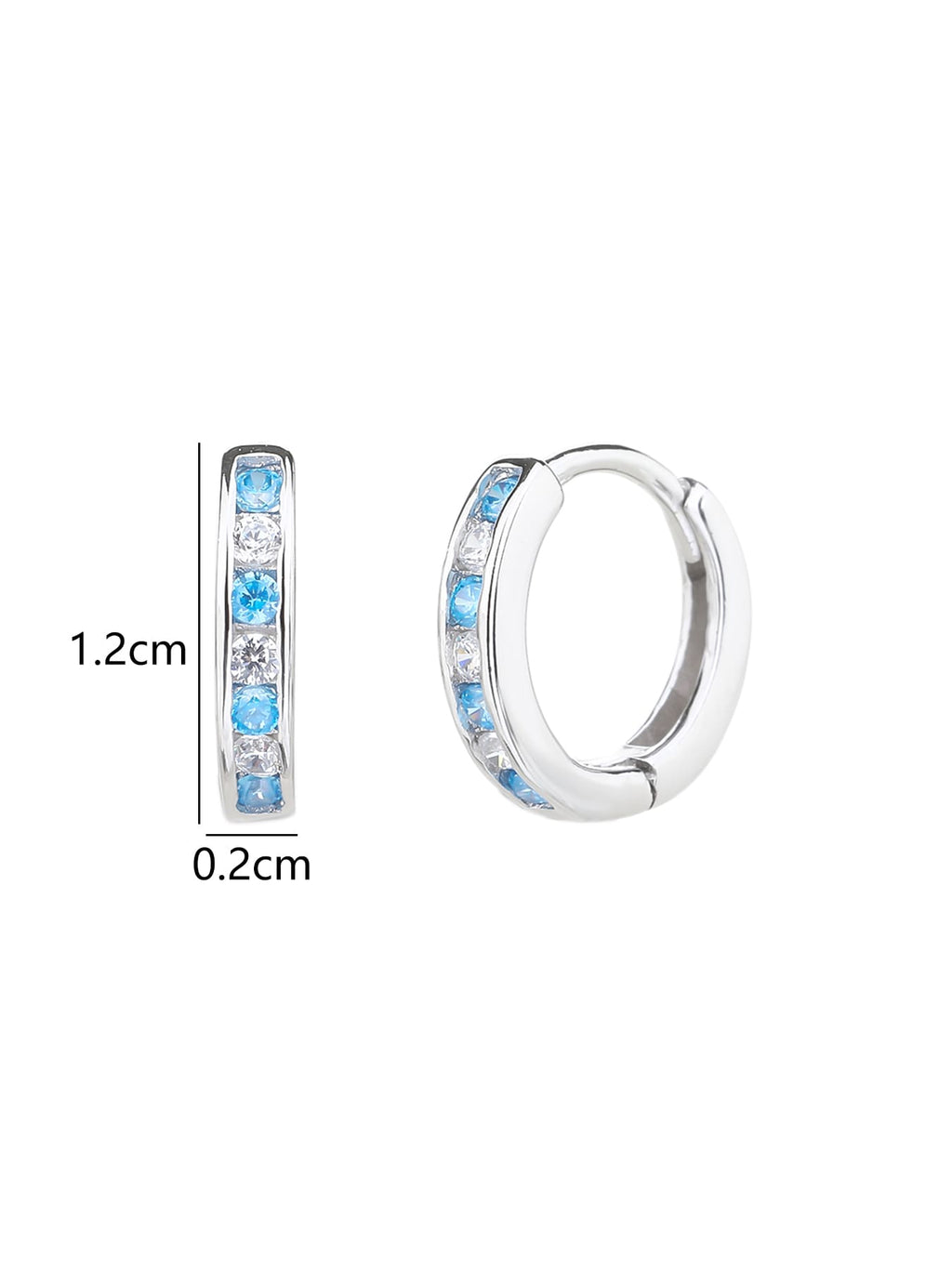 Blue and white cubic zirconia hoop earrings in hallmarked, rhodium-plated 925 sterling silver – 1.2 × 0.2 cm dimensions – DRESCHER Jewellery®