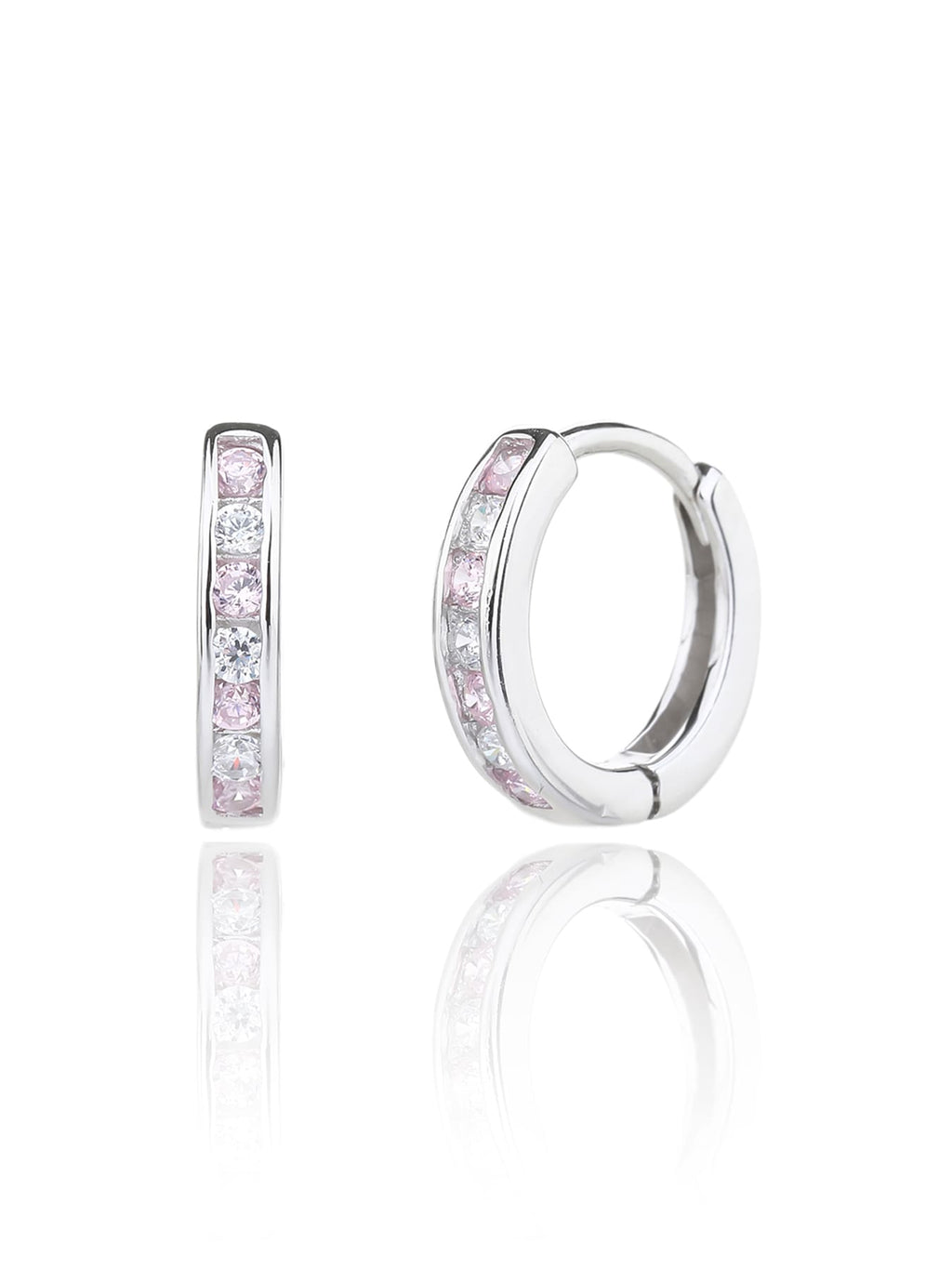 Pink and white cubic zirconia hoop earrings in hallmarked, rhodium-plated 925 sterling silver – front and side views – DRESCHER Jewellery®