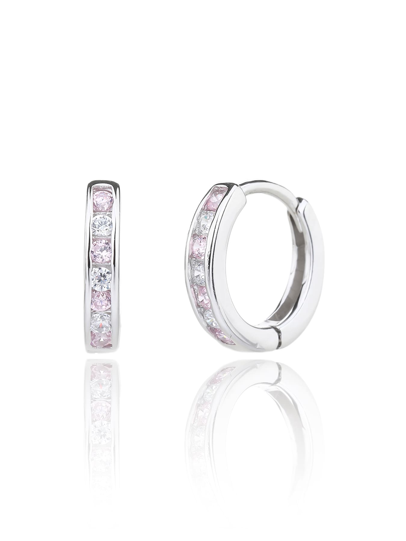Pink and white cubic zirconia hoop earrings in hallmarked, rhodium-plated 925 sterling silver – front and side views – DRESCHER Jewellery®