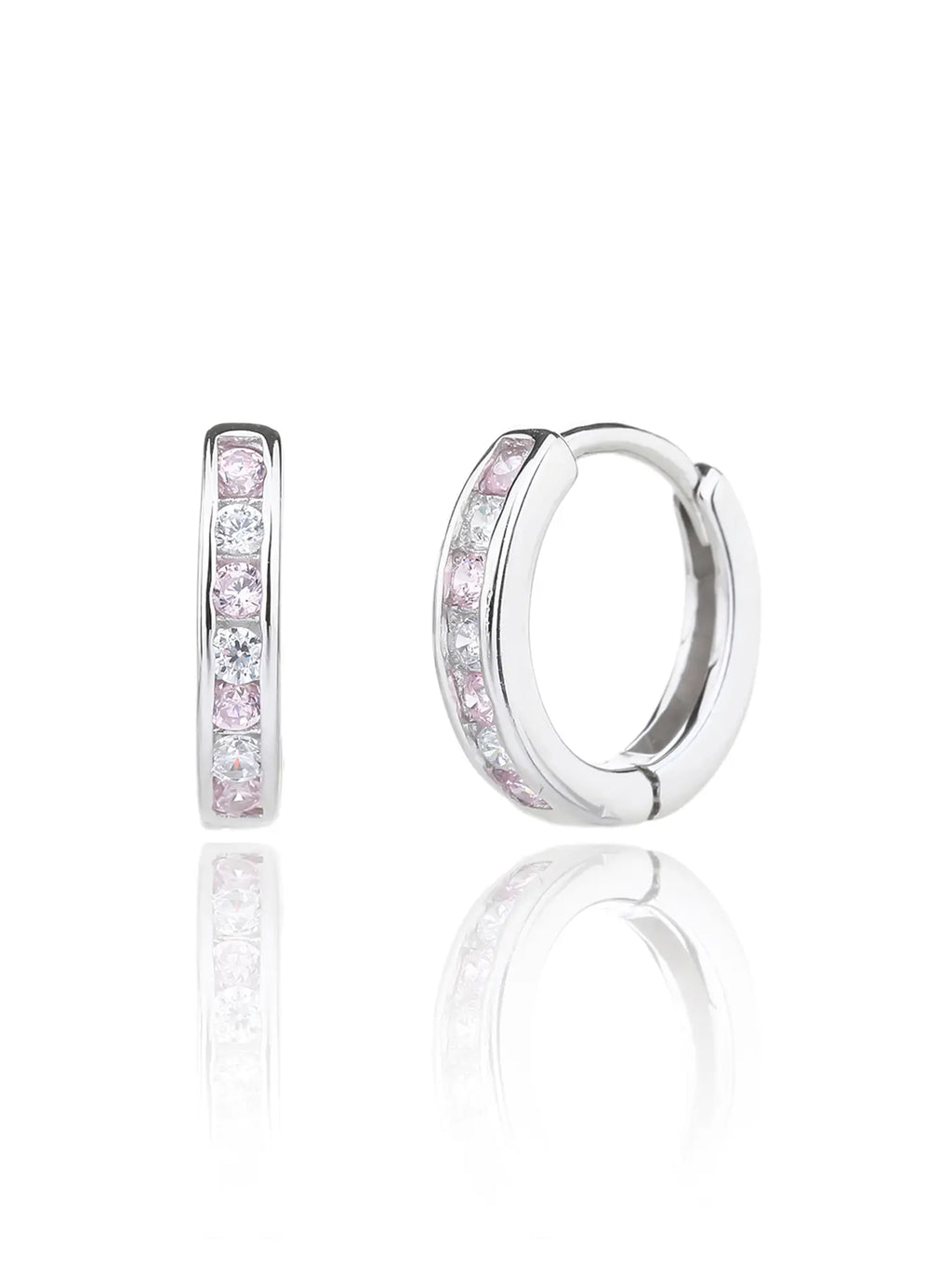 Pink and white cubic zirconia hoop earrings in hallmarked, rhodium-plated 925 sterling silver – front and side views – DRESCHER Jewellery®
