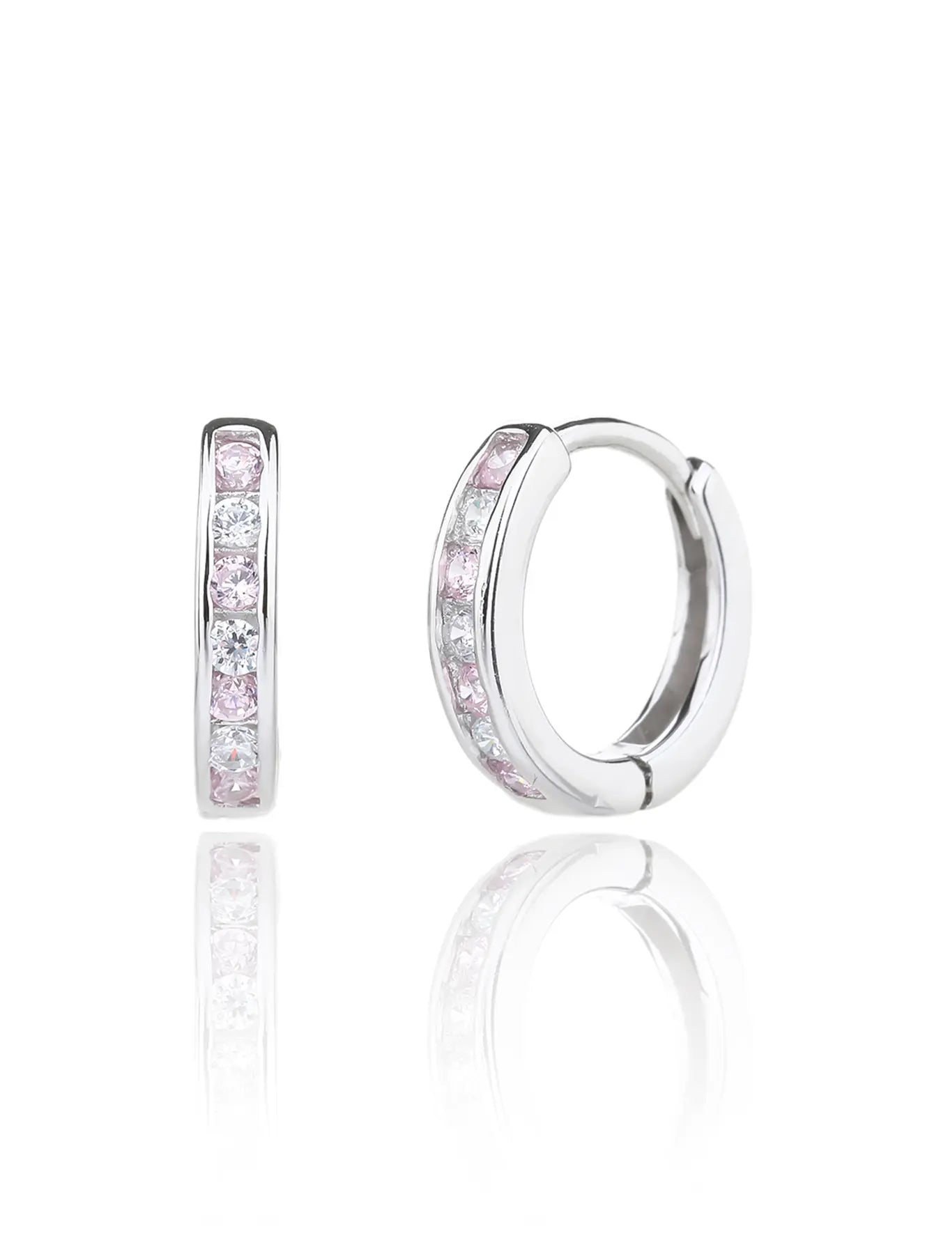 Silver hoop earrings with pink and white stones