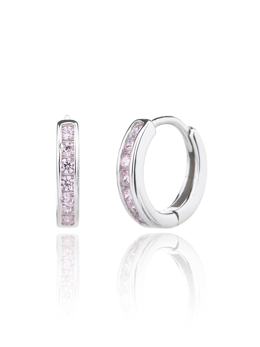 hoop earrings with pink stones in hallmarked, rhodium-plated 925 sterling silver – alternate front and side views – DRESCHER Jewellery®