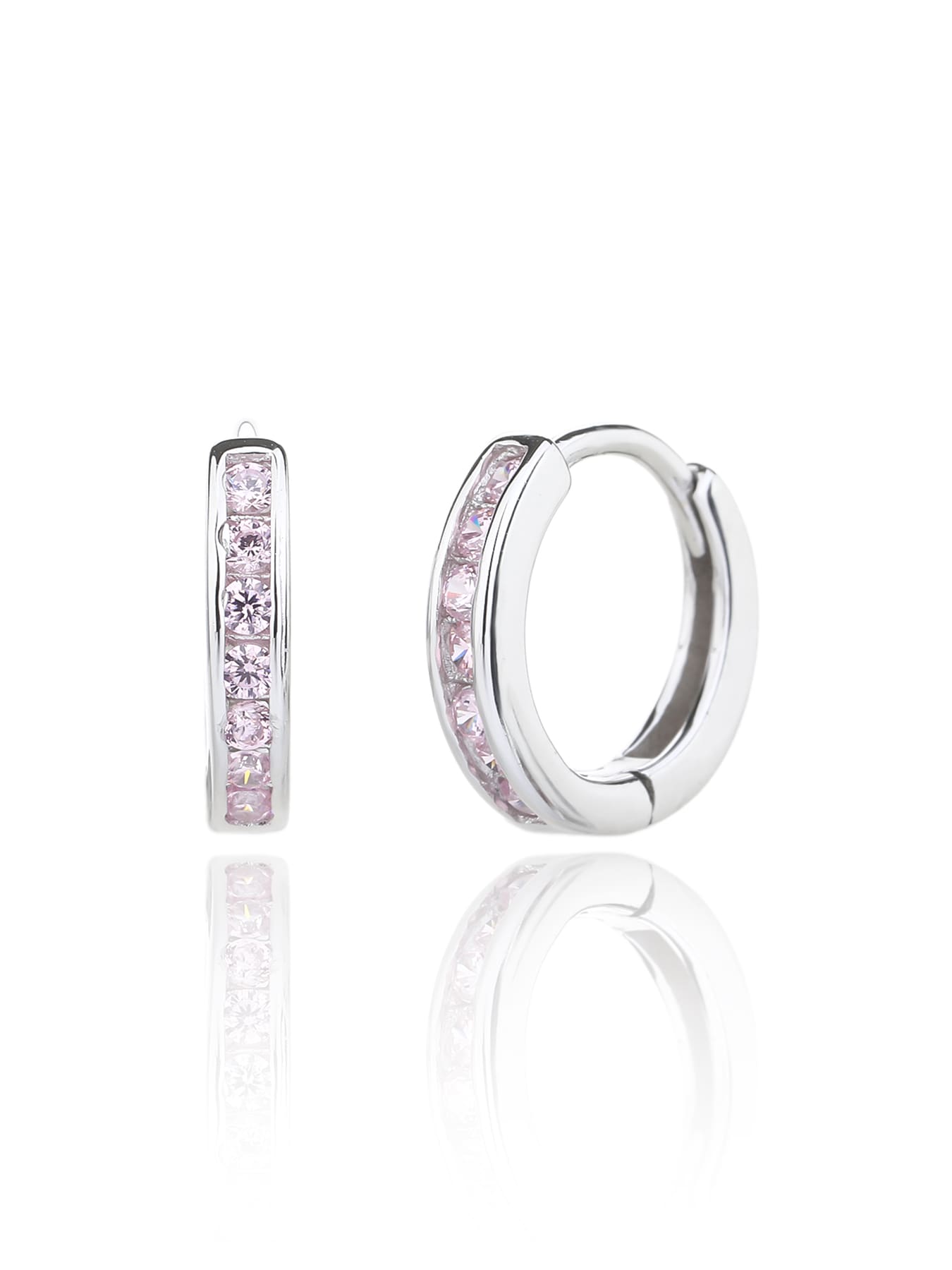 hoop earrings with pink stones in hallmarked, rhodium-plated 925 sterling silver – alternate front and side views – DRESCHER Jewellery®