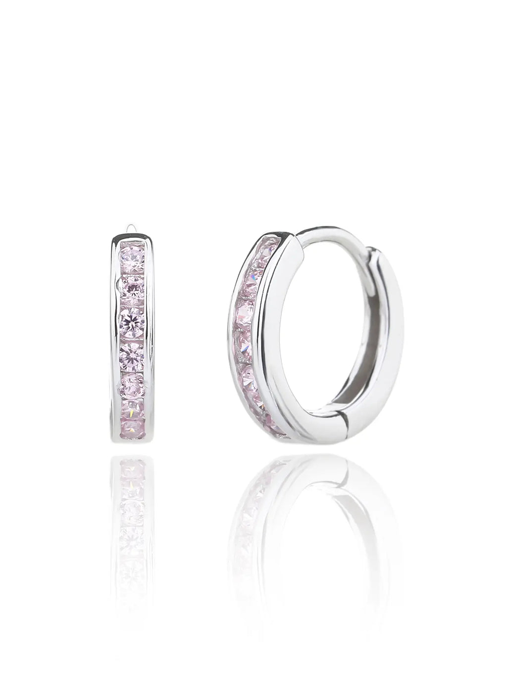 hoop earrings with pink stones in hallmarked, rhodium-plated 925 sterling silver – front and side views – DRESCHER Jewellery®