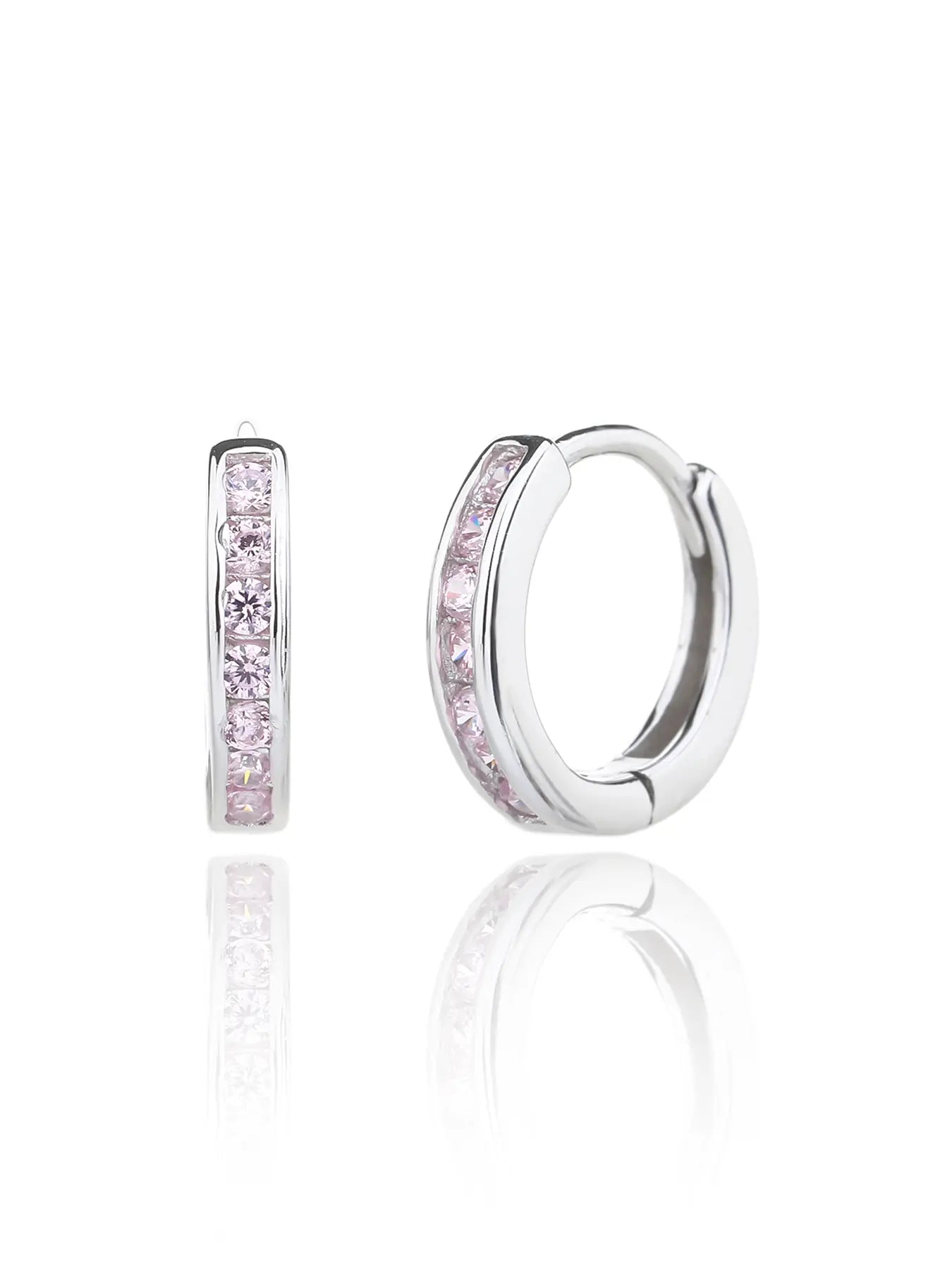 Silver hoop earrings with pink stones