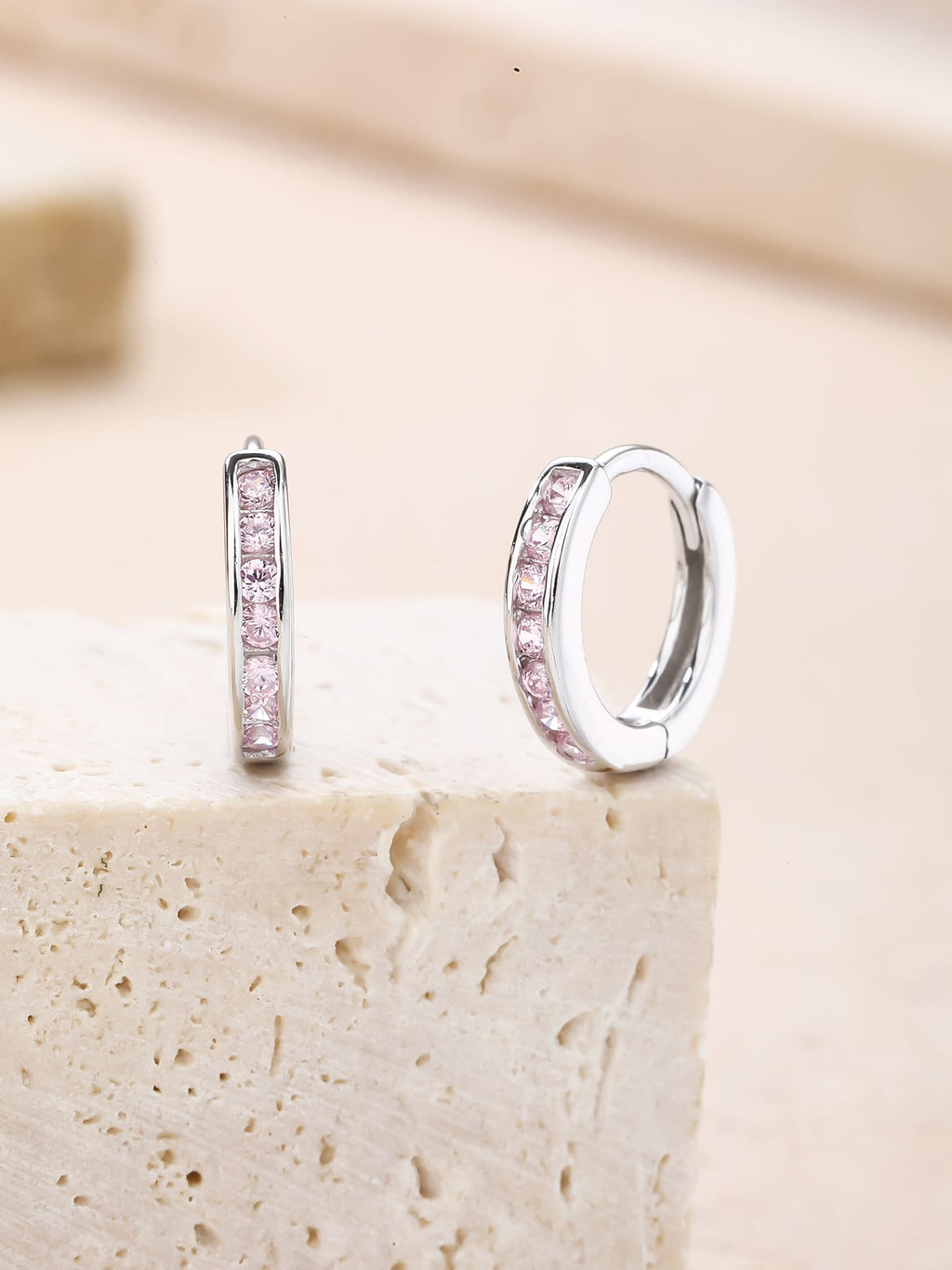 hoop earrings with pink stones in hallmarked, rhodium-plated 925 sterling silver – dimensions view – DRESCHER Jewellery®