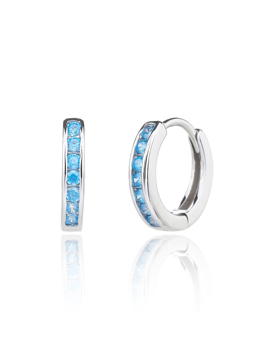 Light blue cubic zirconia hoop earrings in hallmarked, rhodium-plated 925 sterling silver – front and side views – DRESCHER Jewellery®
