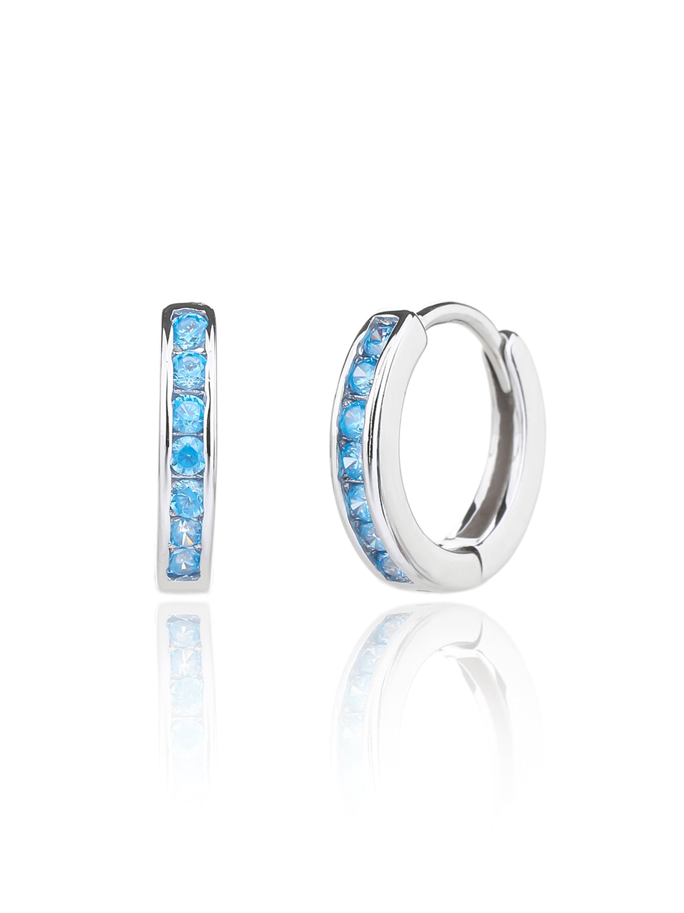 Light blue cubic zirconia hoop earrings in hallmarked, rhodium-plated 925 sterling silver – front and side views – DRESCHER Jewellery®