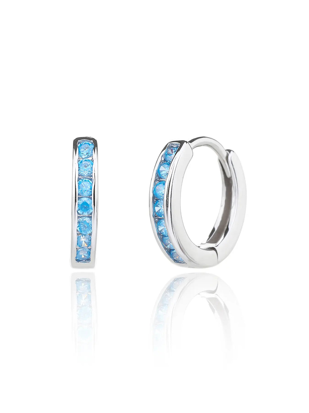 Light blue cubic zirconia hoop earrings in hallmarked, rhodium-plated 925 sterling silver – front and side views – DRESCHER Jewellery®