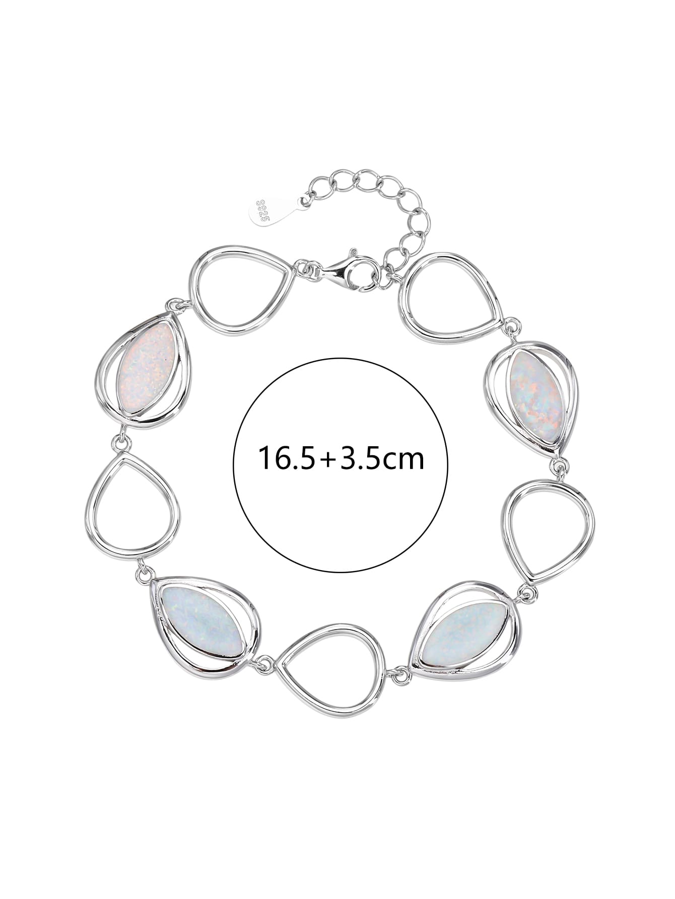 bracelet with drop outline and white opal stones (16,5+3,5 cm) in hallmarked, rhodium-plated 925 sterling silver – dimensions view – DRESCHER Jewellery®