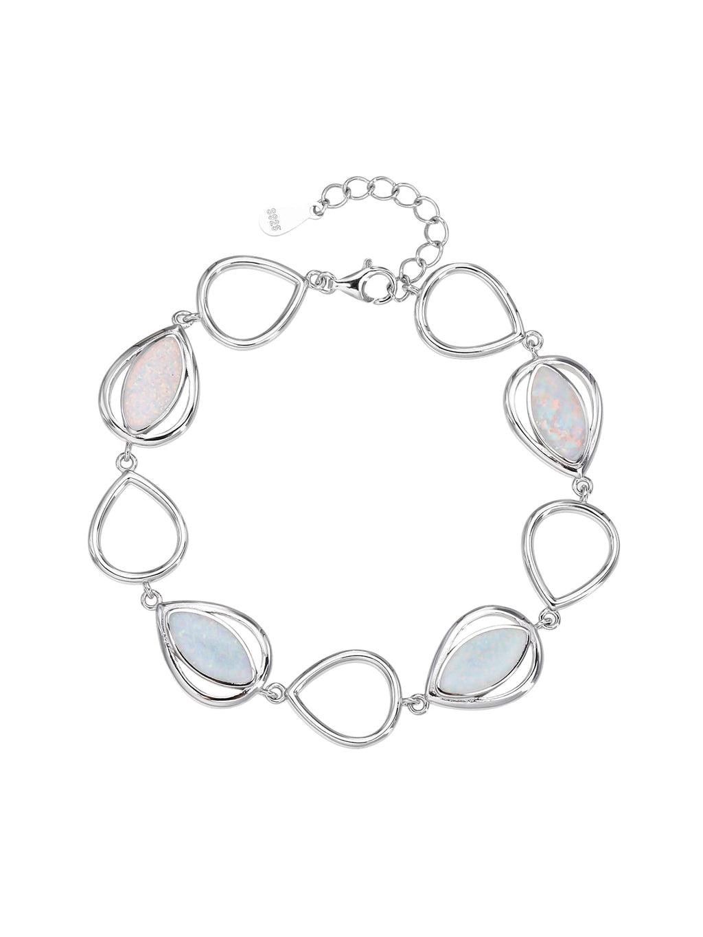bracelet with drop outline and white opal stones (16,5+3,5 cm) in hallmarked, rhodium-plated 925 sterling silver – alternate front view – DRESCHER Jewellery®