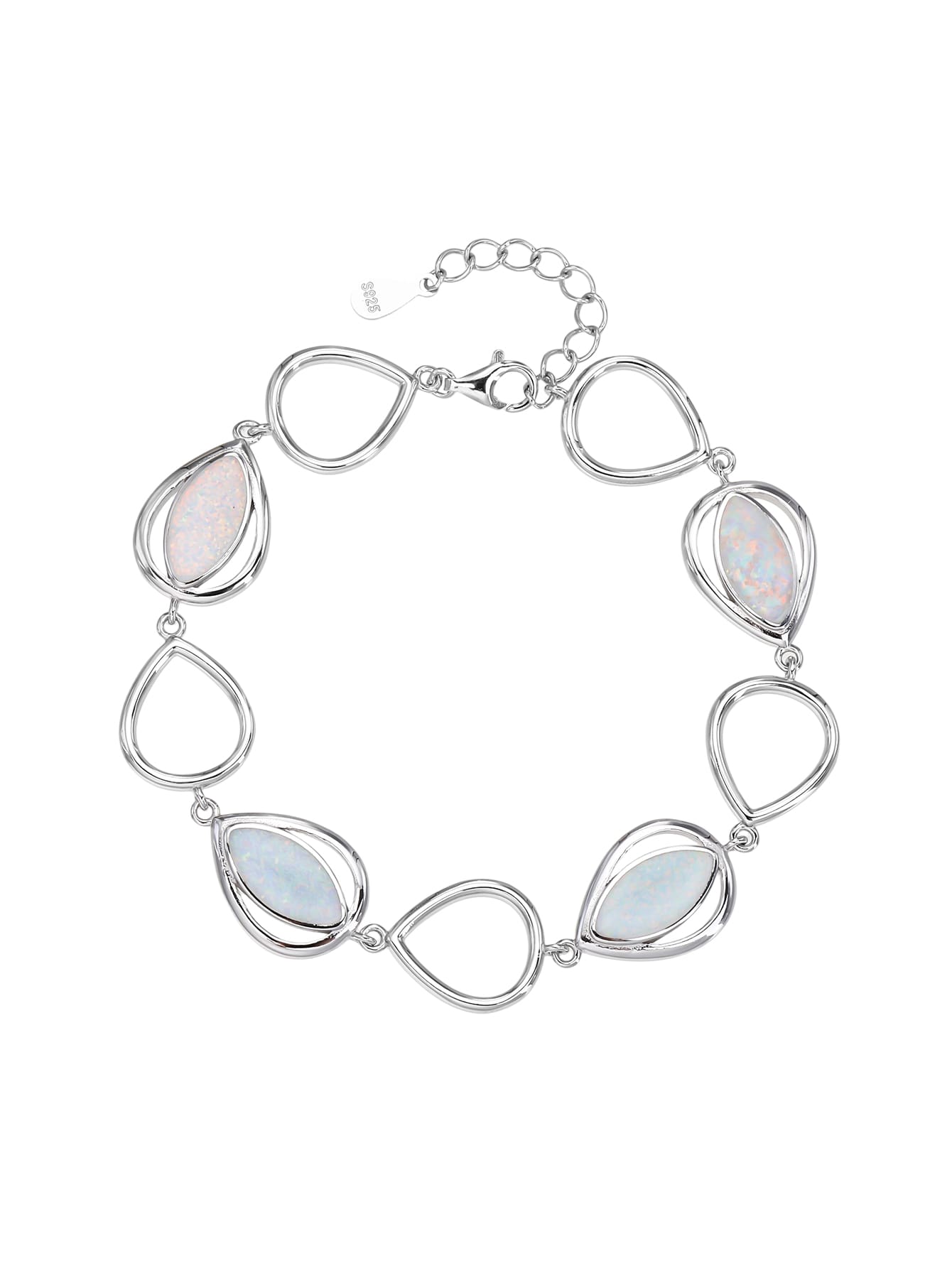 bracelet with drop outline and white opal stones (16,5+3,5 cm) in hallmarked, rhodium-plated 925 sterling silver – alternate front view – DRESCHER Jewellery®