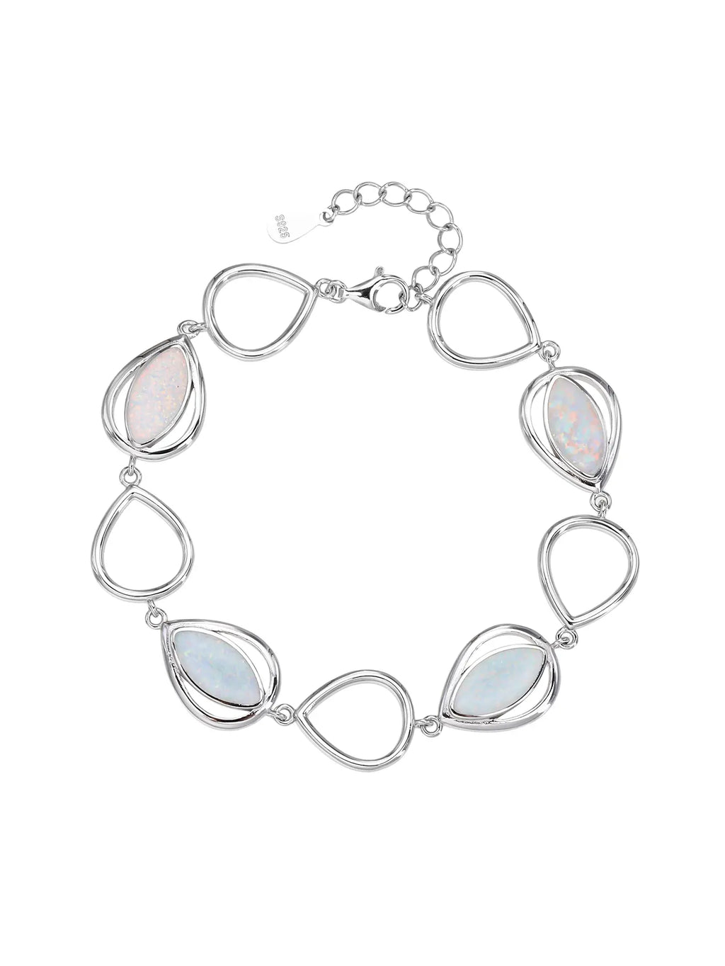 bracelet with drop outline and white opal stones (16,5+3,5 cm) in hallmarked, rhodium-plated 925 sterling silver – front view – DRESCHER Jewellery®