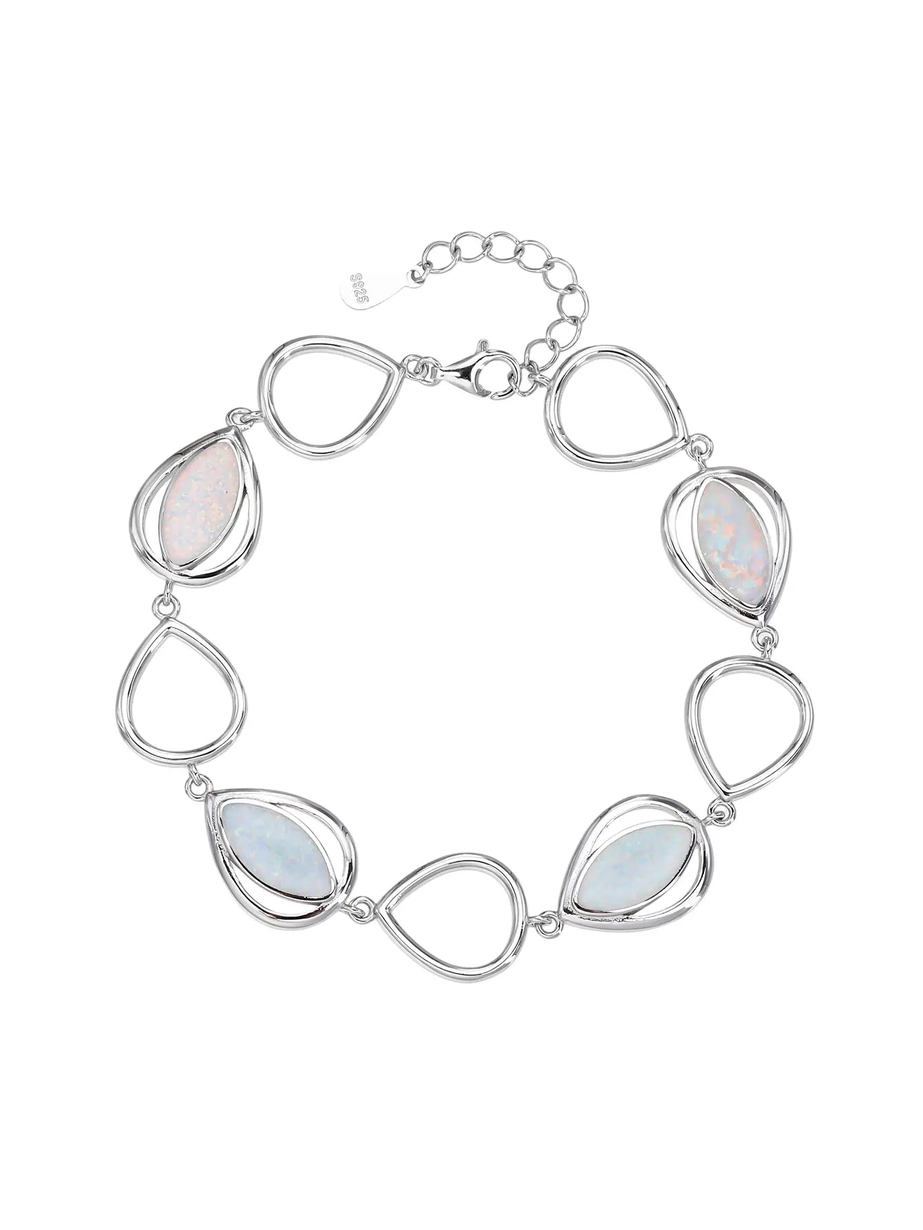 Silver bracelet with drop outline and white opal stones (16,5+3,5 cm)