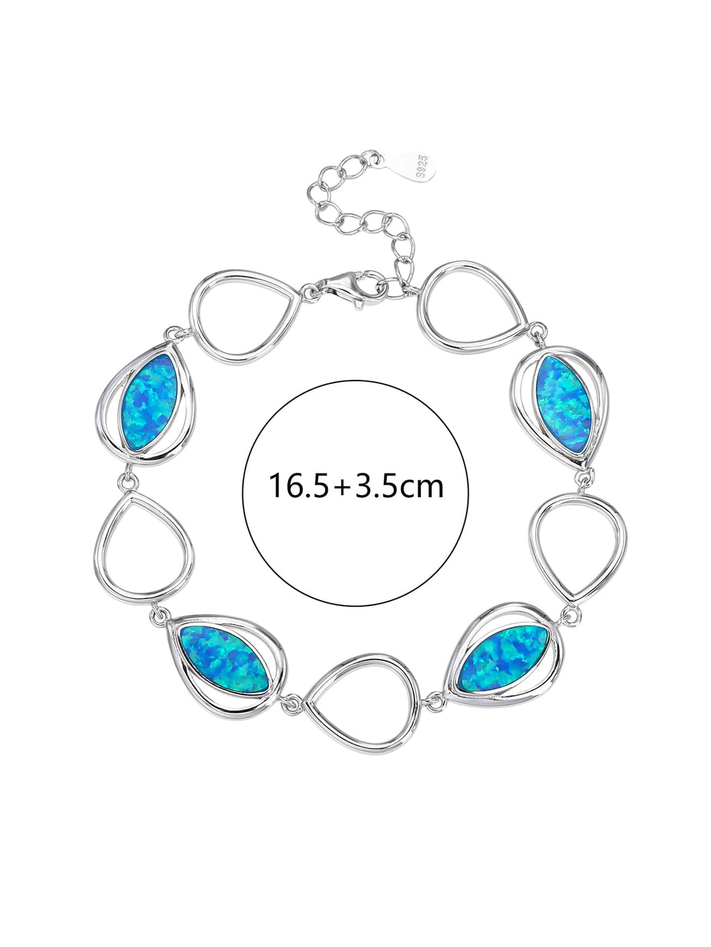 bracelet with drop outline and blue opal stones (16,5+3,5 cm) in hallmarked, rhodium-plated 925 sterling silver – dimensions view – DRESCHER Jewellery®