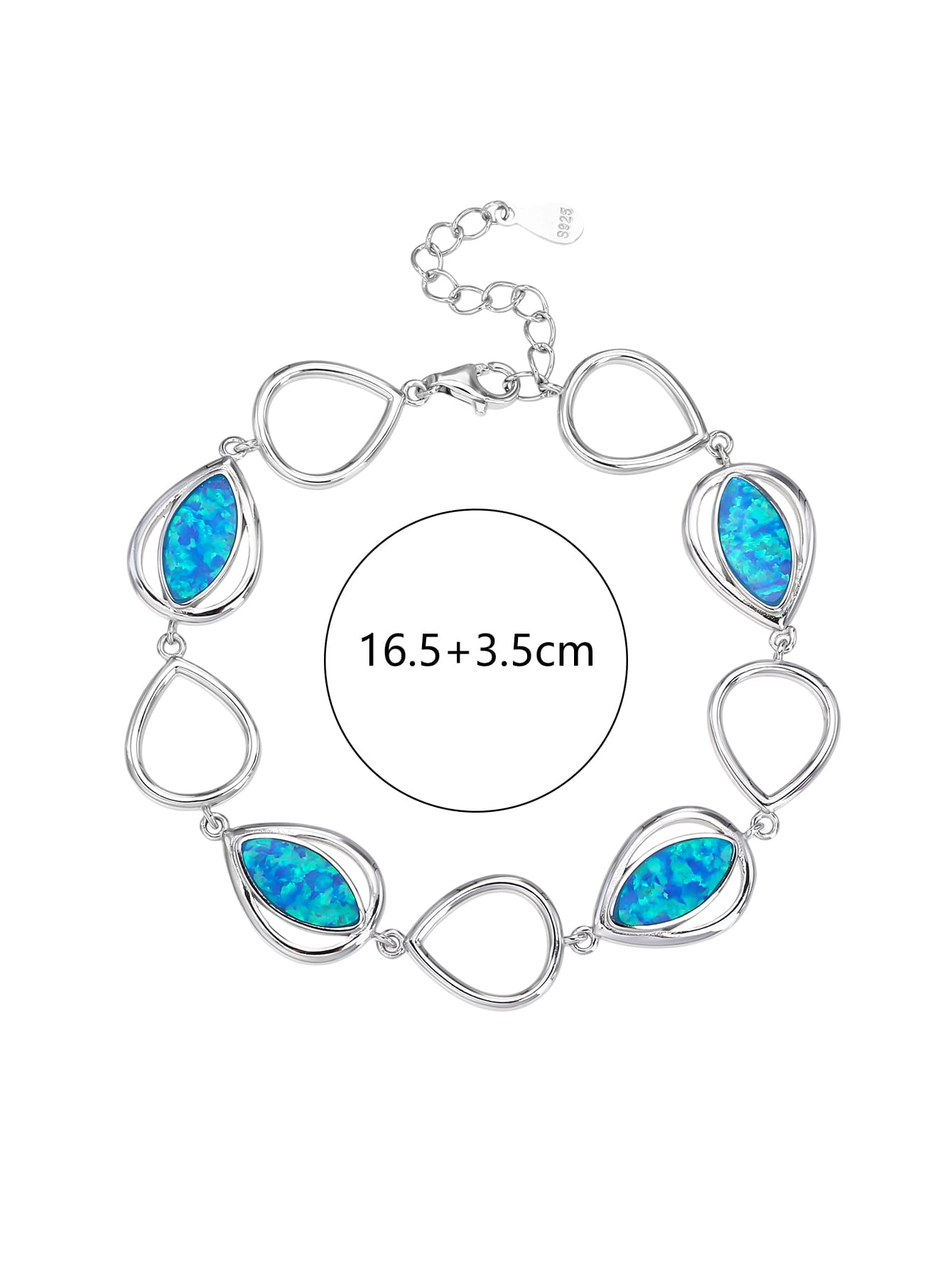 Silver bracelet with drop outline and blue opal stones (16,5+3,5 cm)